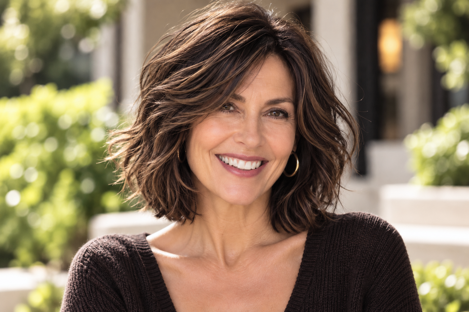 Smiling Mediterranean woman in her early 60s with a wavy brunette Italian midi bob, soft face-framing layers, and full, textured ends. A flattering medium-length haircut for women over 50.