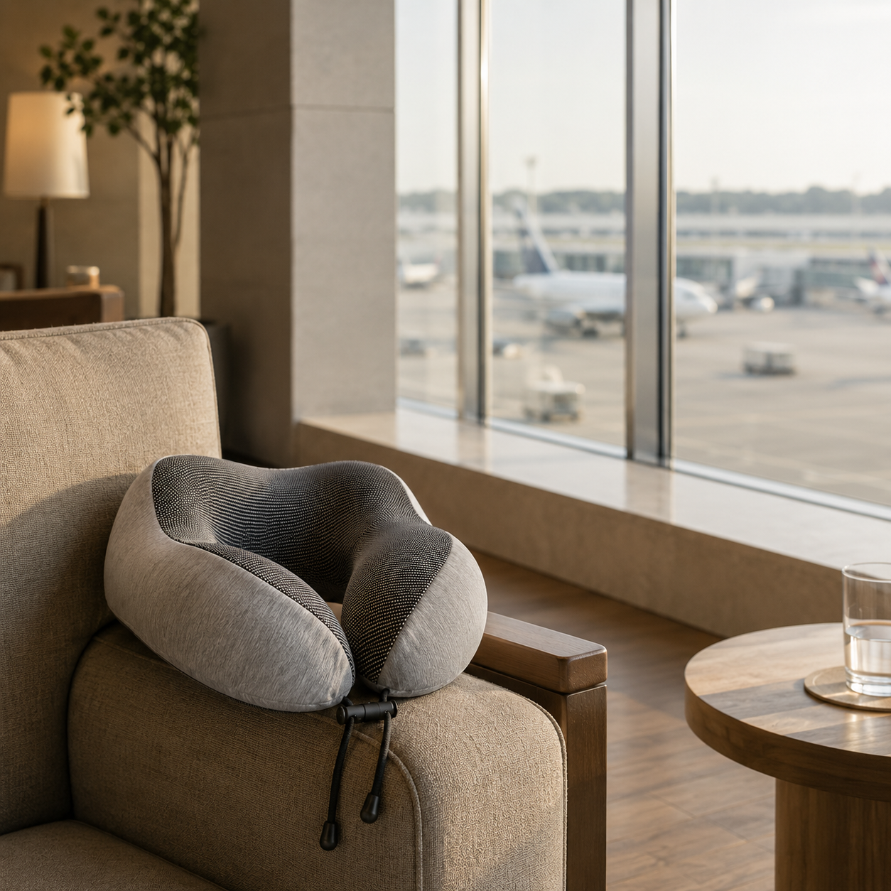 Travel neck pillow in an elegant airport lounge, highlighting comfort, neck support, and restful travel during long-haul flights