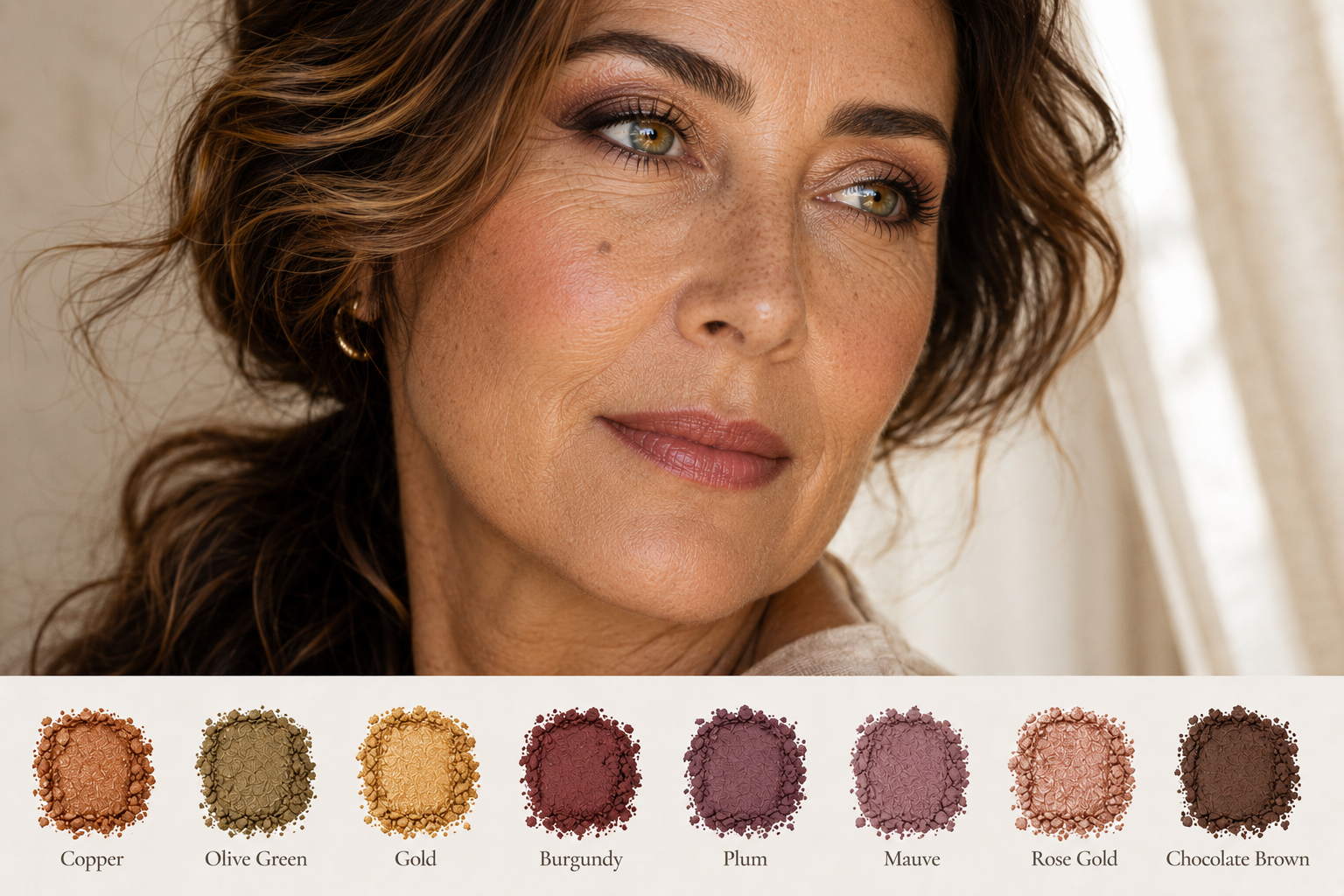 Luxury editorial close-up of a mature woman with hazel eyes wearing bronze, olive, plum, and gold eyeshadow, with flattering eyeshadow swatches that naturally enhance hazel eyes after 50.