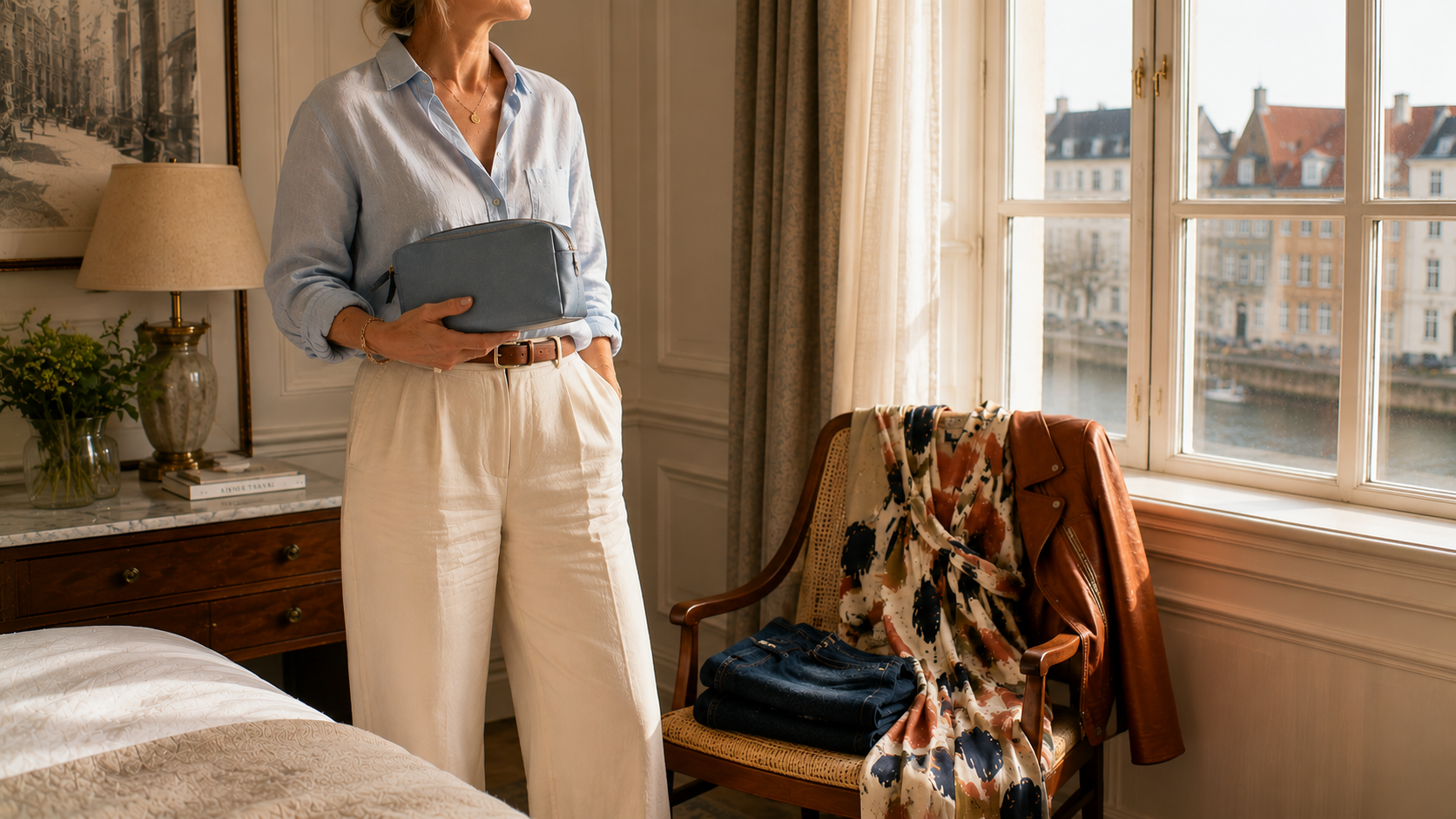 Stylish woman in a European boutique hotel room holding a travel beauty bag beside carefully chosen wardrobe pieces, including dark denim, an artistic-print dress, and a cinnamon leather jacket.