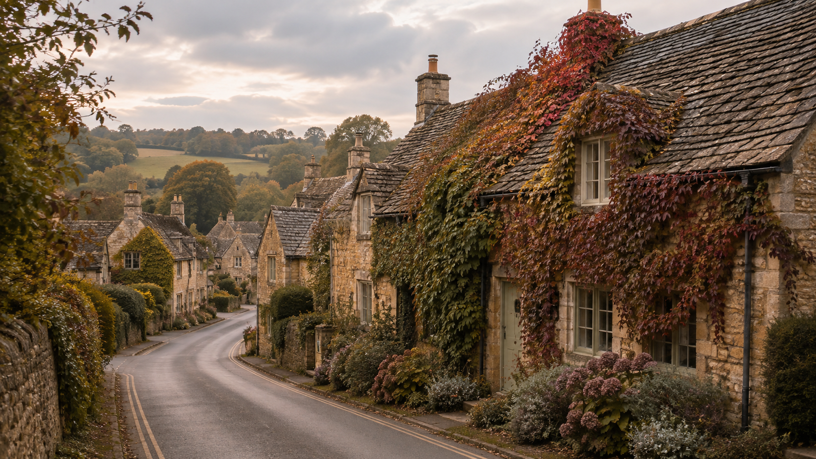 Late-September Cotswolds cottages reveal the Soft Autumn palette in nature, with honeyed stone, muted olive, warm plum, mushroom, and weathered brown.