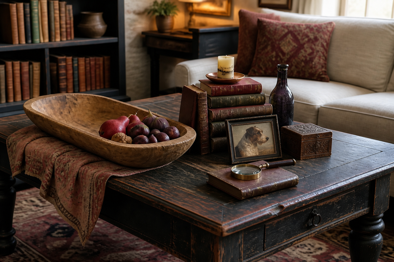 Style a layered autumn coffee table with a weathered dough bowl, dark fruit, antique books, a vintage dog portrait, patterned textiles, and thrifted finds.