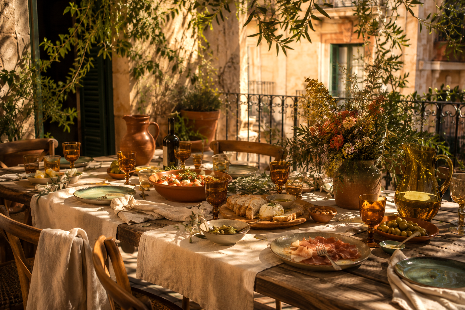 Barcelona-inspired terrace lunch with linen runners, amber glassware, terracotta serving dishes, olive branches, rustic stoneware, Mediterranean food, and warm afternoon sunlight filtering through olive trees.