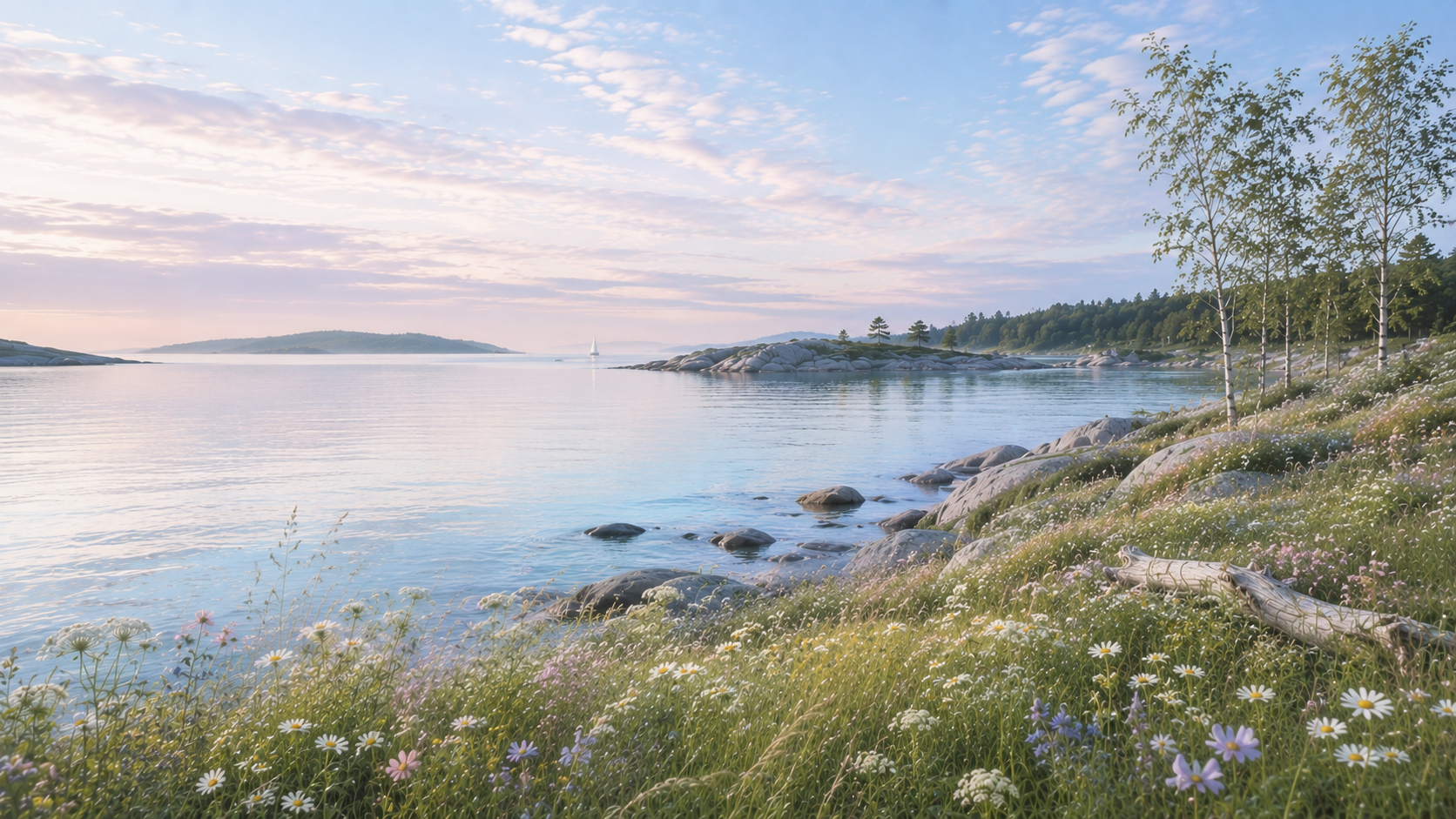 Scandinavian coastal meadow in early summer with wildflowers, calm sea, and luminous morning light, capturing the fresh, airy color palette and quiet elegance of the Light Summer season.