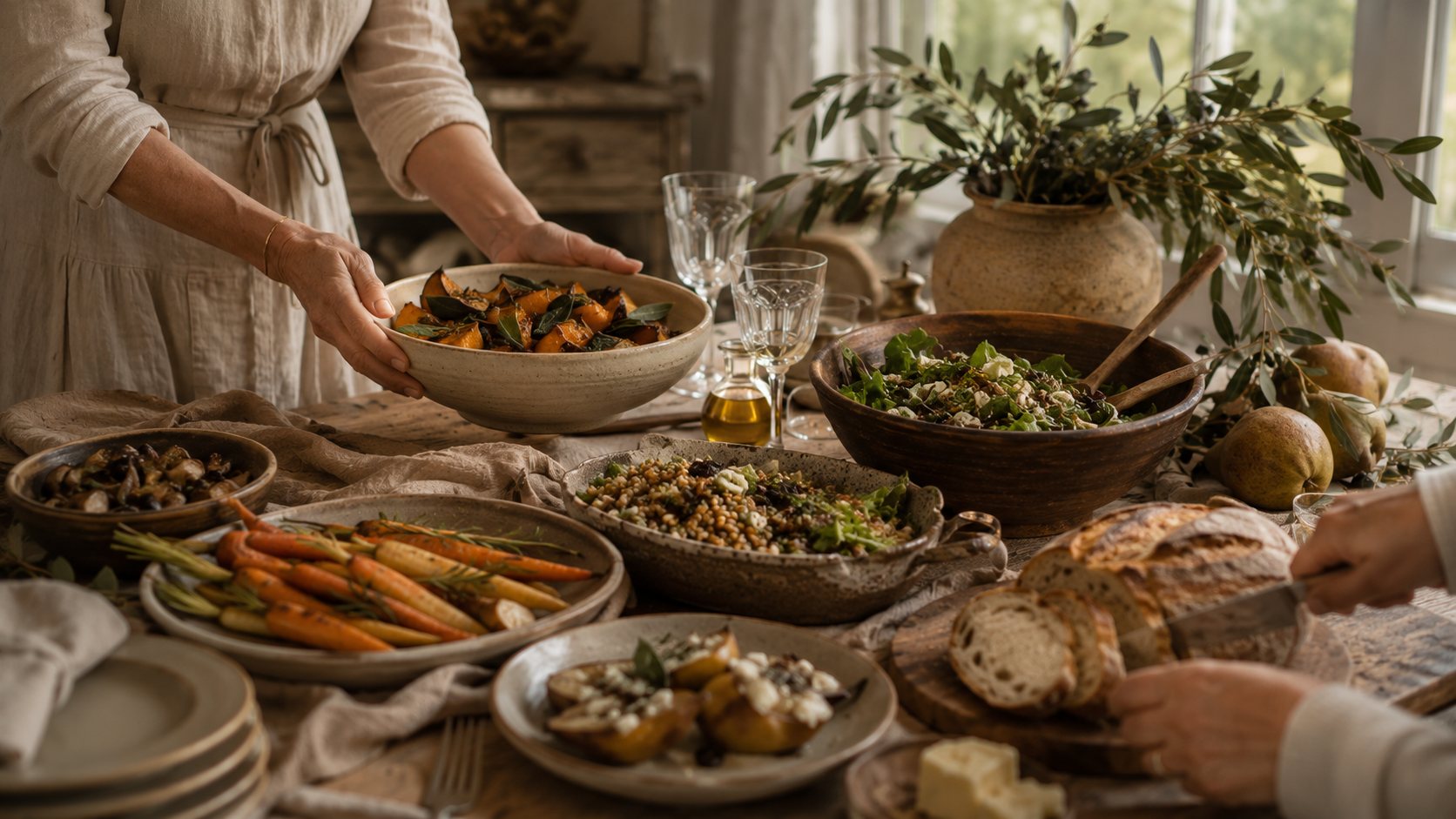 Family-style harvest menu inspiration with artisan bread, roasted vegetables, seasonal salads, handmade stoneware, and autumn flavors arranged for a warm, welcoming gathering.