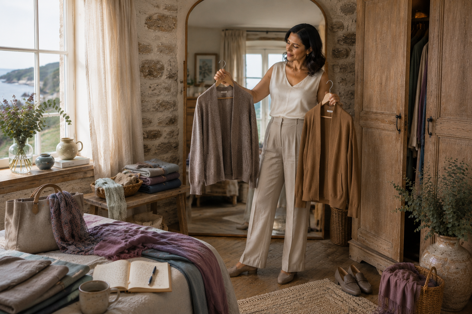 Soft Summer styling guide showing how cool heathered mocha and muted neutrals create more harmonious outfits than warm camel tones, helping women build a timeless, balanced wardrobe.
