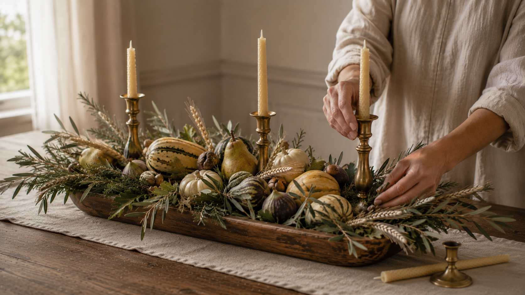 Step 4 of a harvest centerpiece tutorial shows brass candleholders and beeswax tapers woven into gathered branches, adding warmth, rhythm, and balance while preserving a conversation-friendly design.