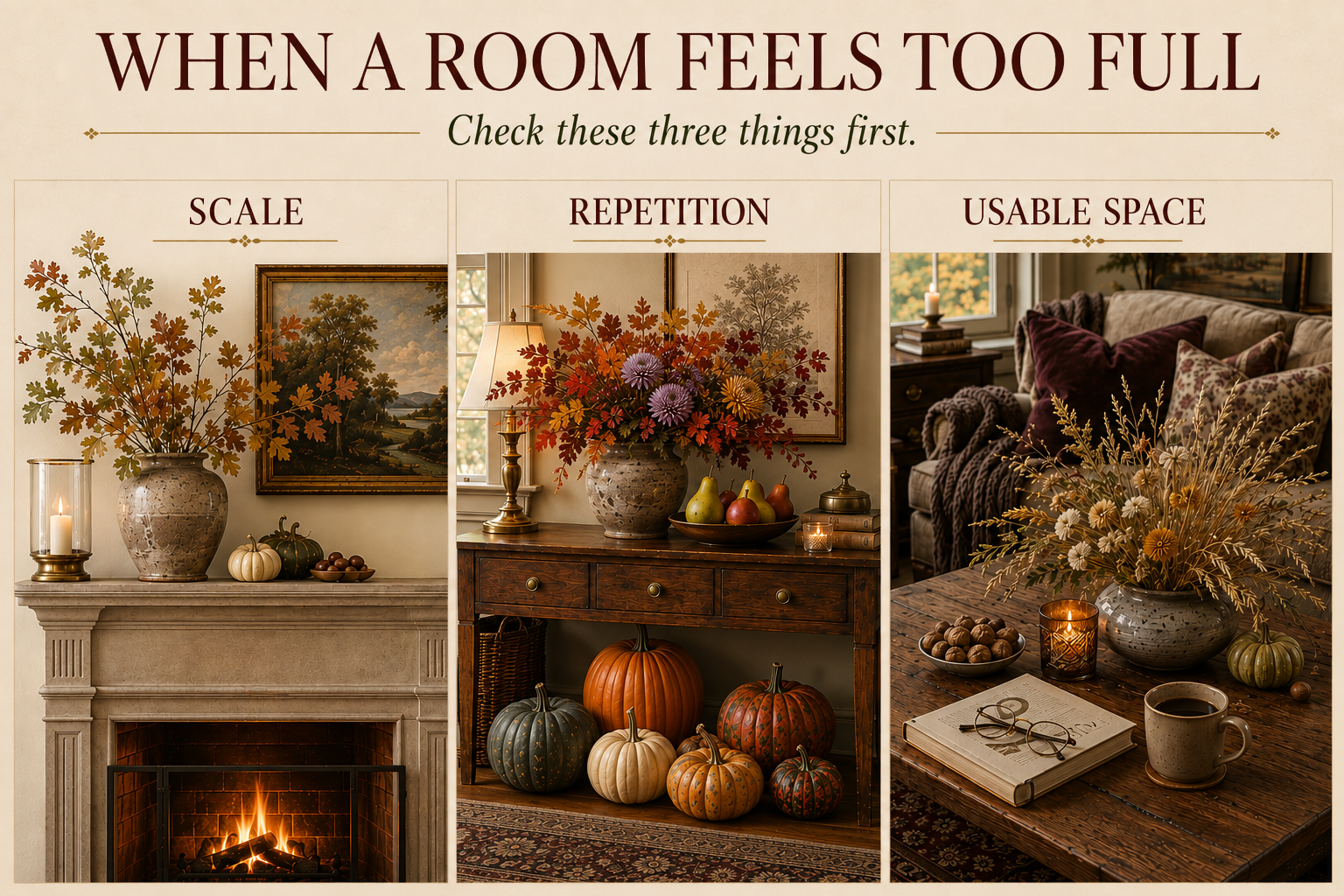 Autumn decorating feels too full? Check scale, repetition and usable space to create a layered, welcoming fall home without clutter.