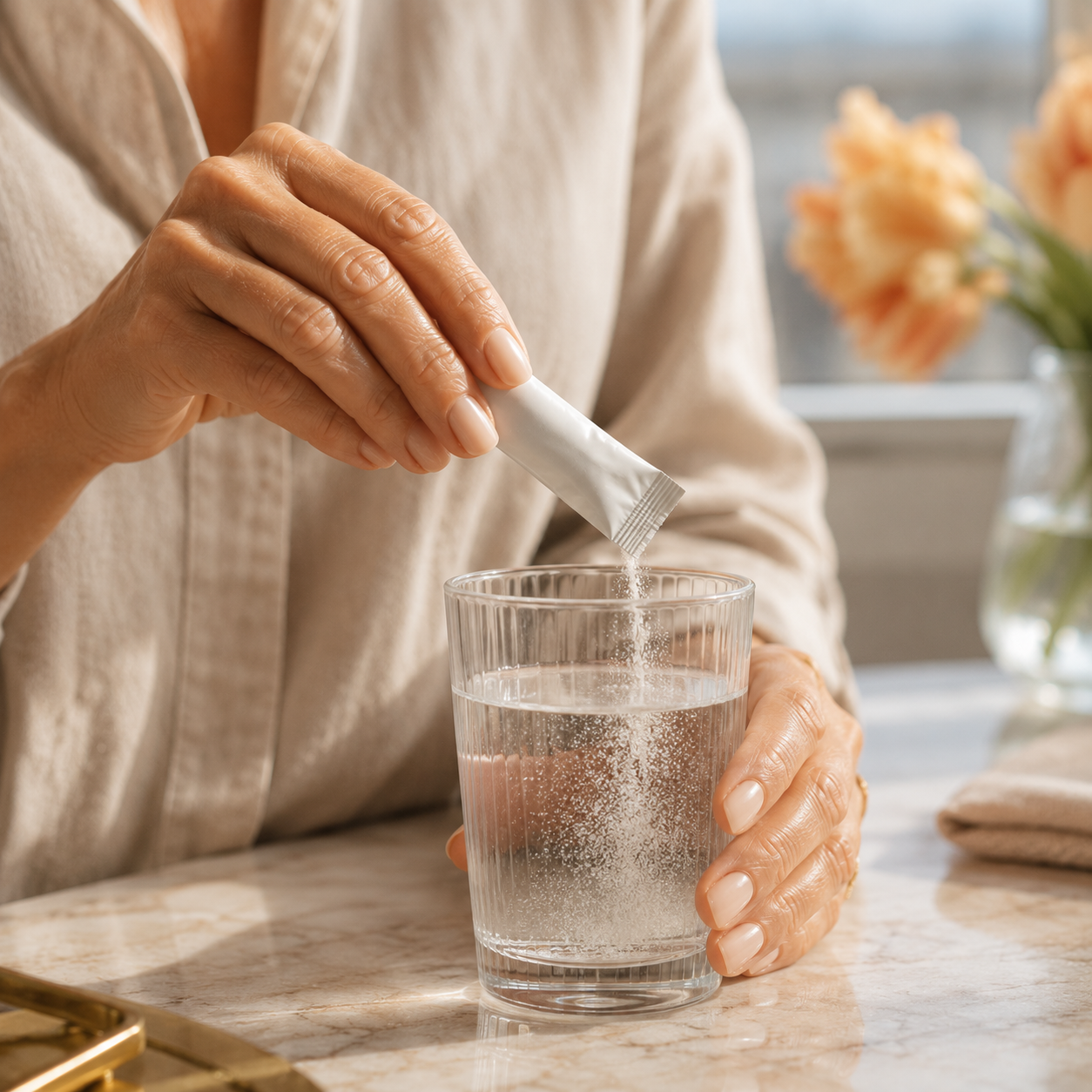 Close-up of an elegant woman pouring electrolyte powder into a glass of water, illustrating hydration, wellness, and thoughtful travel preparation during long journeys.