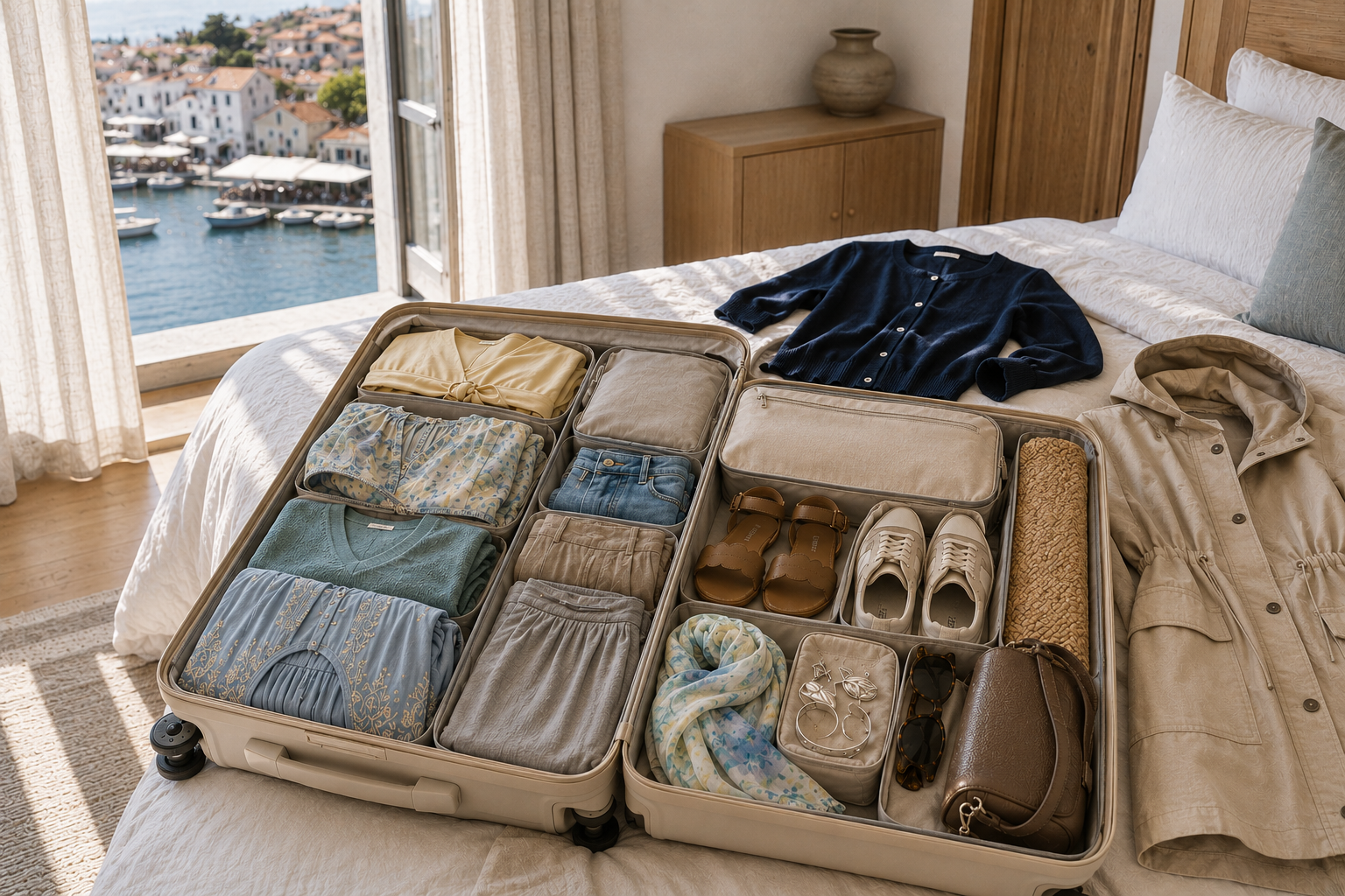 Open carry-on packed with a Light Summer Scandinavian travel wardrobe on a boutique hotel bed, with a navy cardigan and weather coat beside the suitcase overlooking a peaceful harbor.