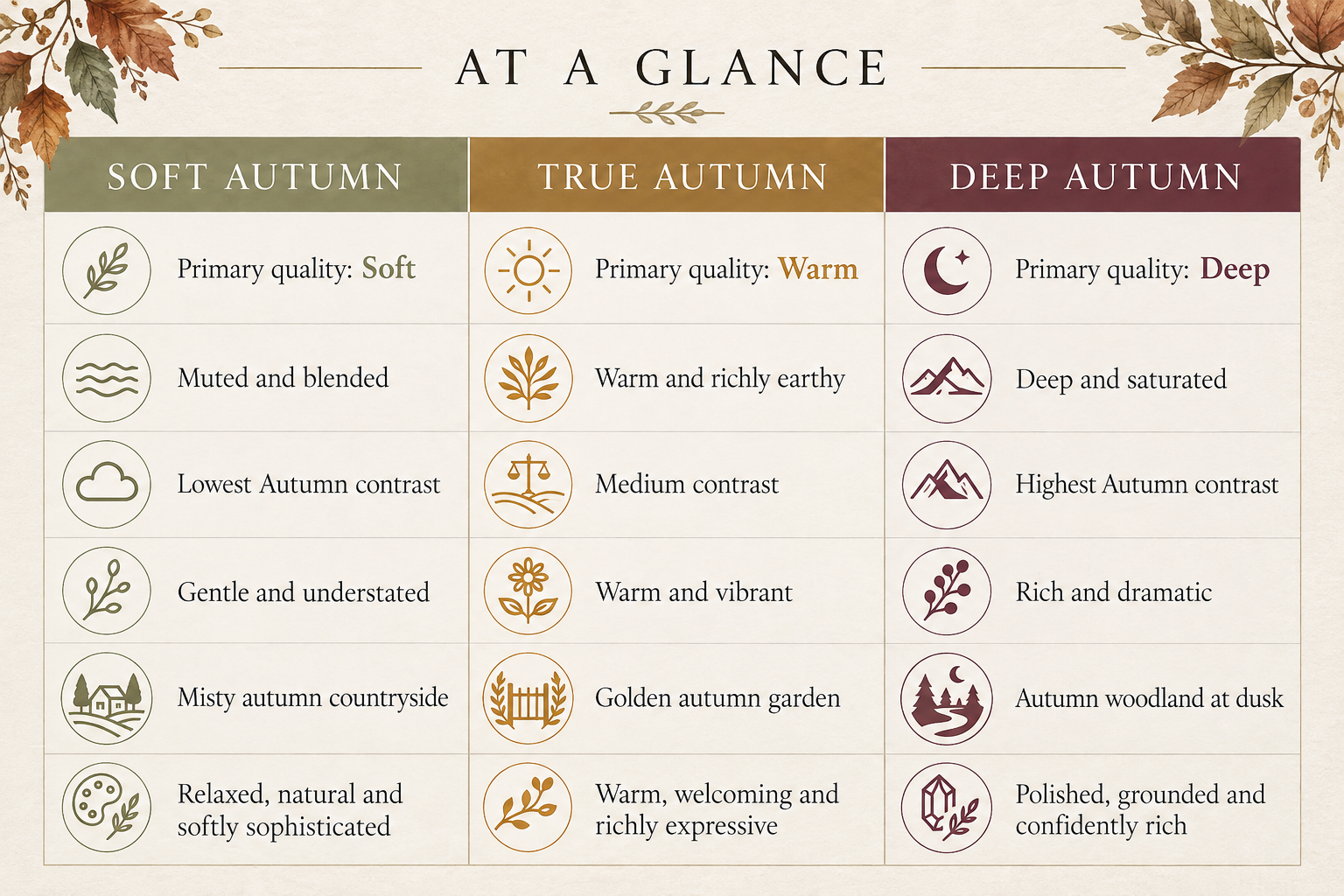 Compare Soft, True and Deep Autumn at a glance, including each season’s primary quality, contrast, color intensity and overall seasonal character.