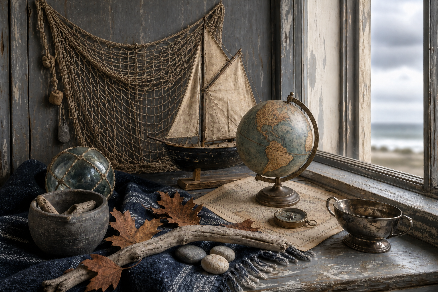 A layered coastal autumn vignette with a weathered fishing net, model sailboat, vintage globe, nautical map, brass compass, indigo wool, and russet oak leaves.