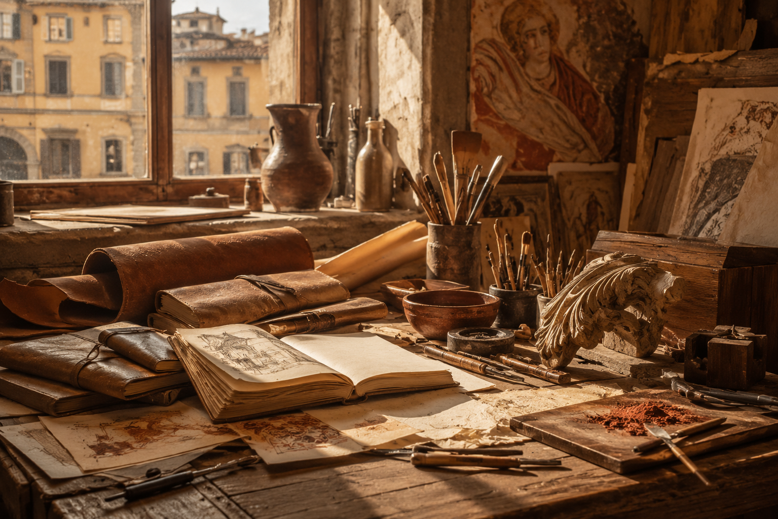 Sunlit Florentine artisan workshop featuring leather journals, handmade paper, sketchbooks, carving tools, walnut wood details, and warm Renaissance-inspired craftsmanship.
