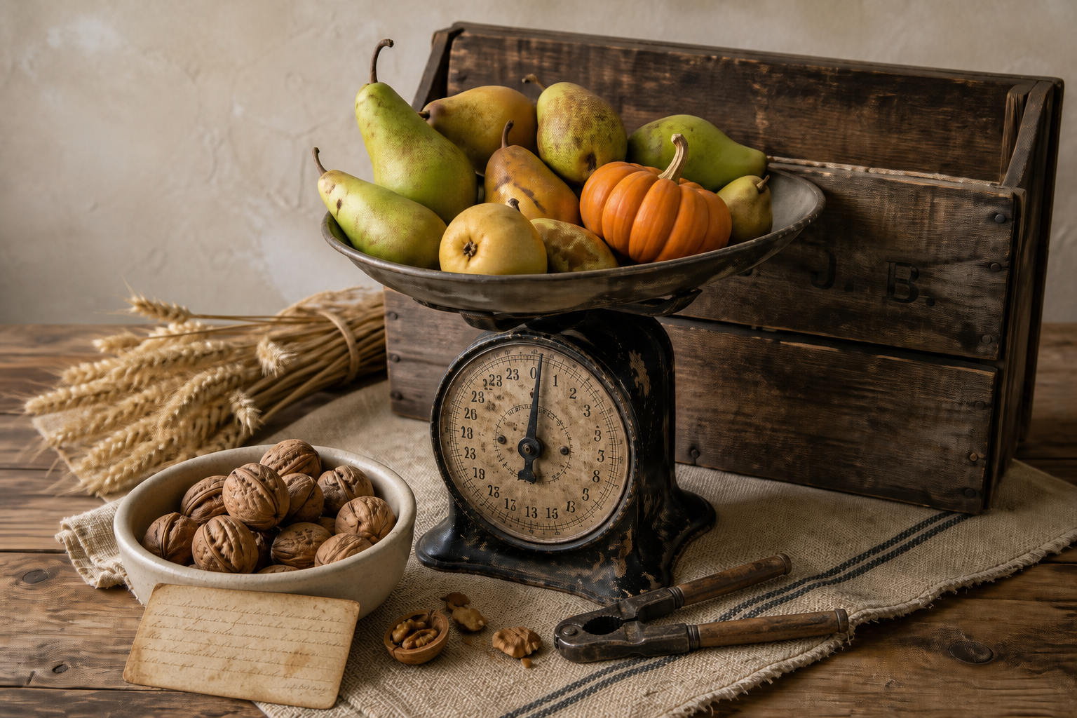 Style a vintage harvest vignette with an antique kitchen scale, pears, a small pumpkin, walnuts, wheat, a handwritten recipe card, and an old nutcracker.