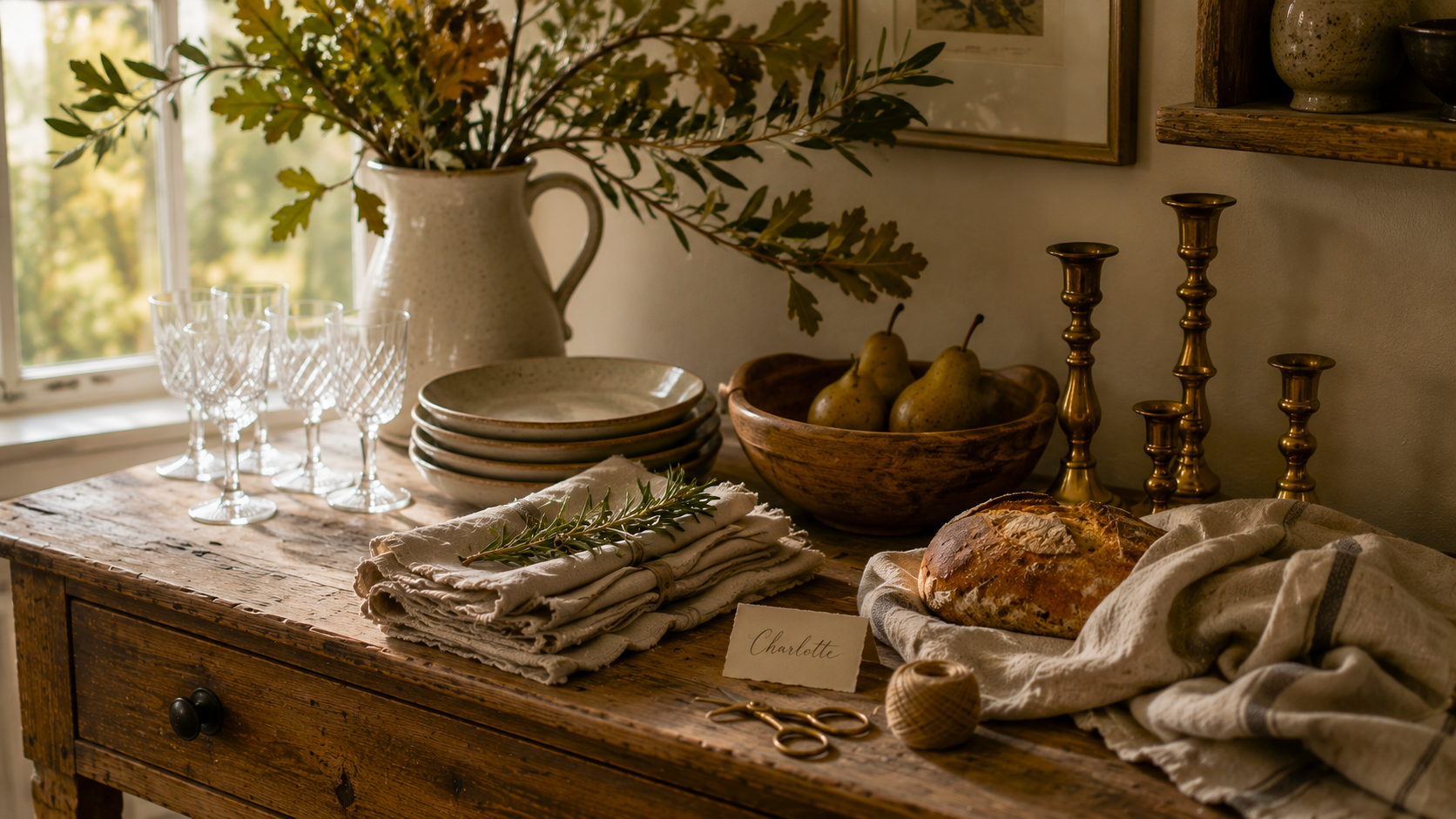 Well-loved stoneware, softened linen, artisan bread, crystal glassware, and gathered branches wait on a rustic sideboard, showing how thoughtful details create warm, welcoming harvest gatherings.