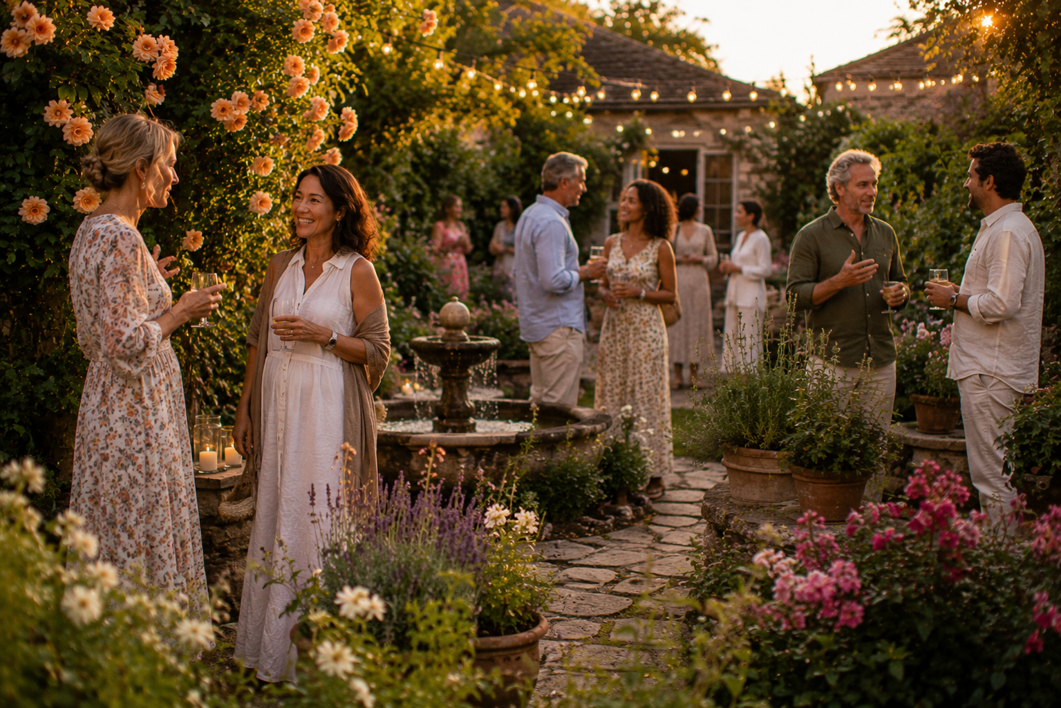 Guests mingle in small conversation groups throughout a flower-filled summer garden, chatting near apricot roses, herbs, and a fountain as the evening unfolds in warm golden light.