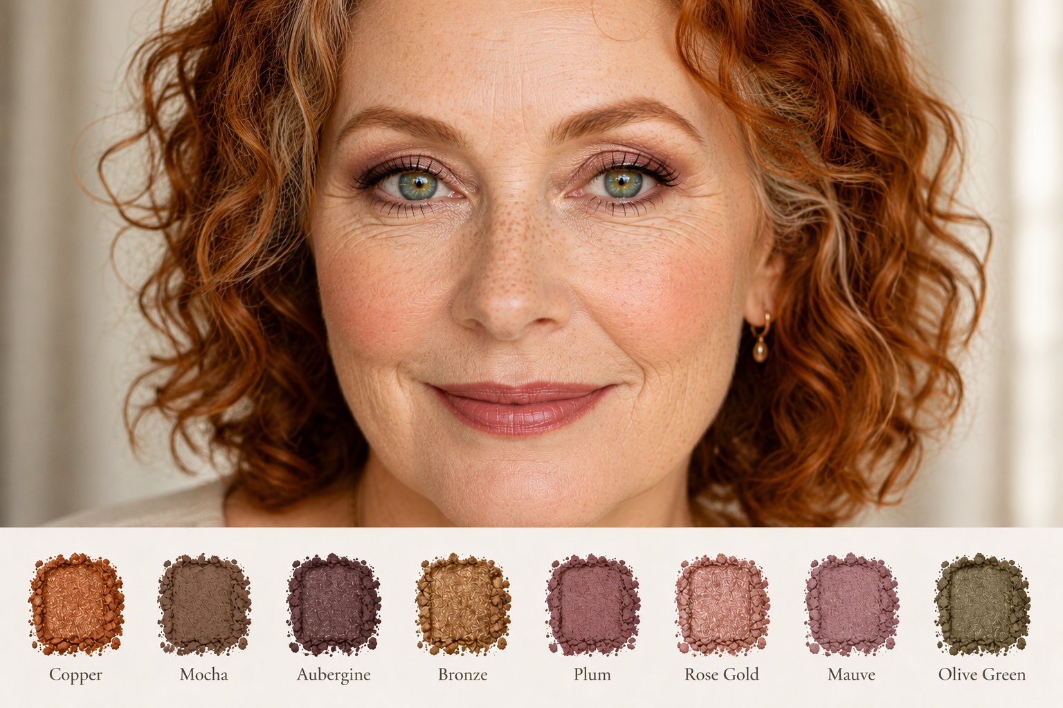 Luxury editorial close-up of a mature woman with green eyes wearing mocha, plum, and rose gold eyeshadow, with flattering eyeshadow swatches that naturally enhance green eyes after 50.