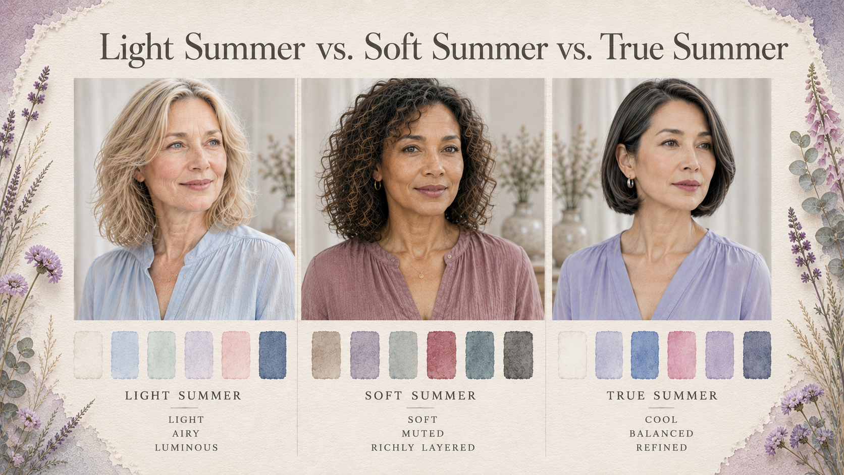 Compare Light Summer, Soft Summer, and True Summer with this luxury Seasonal Color Analysis guide featuring portraits, palettes, and key characteristics to help you identify your best summer season.
