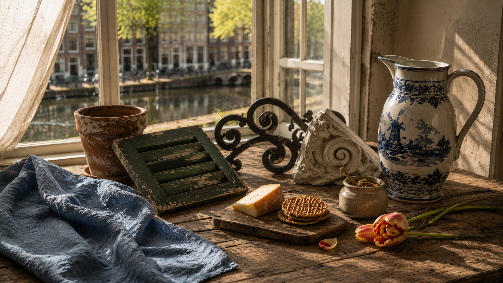 Sunlit Amsterdam canal house still life with a Delft Blue pitcher, weathered shutter, Gouda, stroopwafels, blue linen, and two striped parrot tulips reflecting the city's timeless color palette.