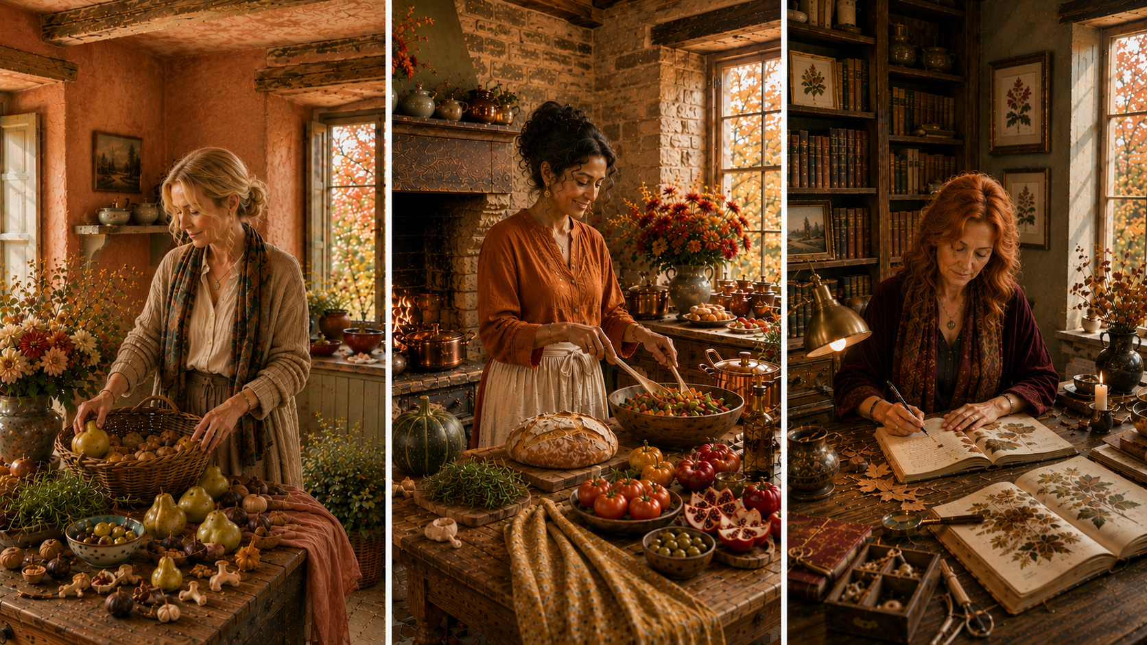 Three women embody Soft, True, and Deep Autumn through distinct daily rituals: unpacking a market harvest, preparing a seasonal meal, and writing in a richly layered library filled with collected books.