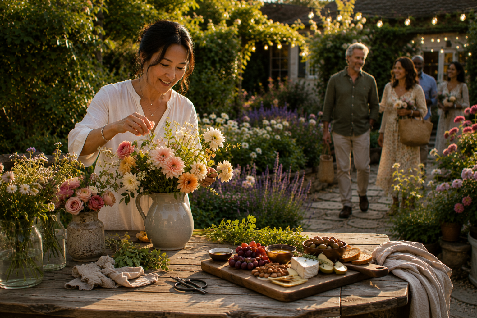 An Asian woman arranges fresh garden flowers beside a simple serving board as guests arrive through a flower-filled garden, creating a relaxed summer entertaining atmosphere in golden evening light.