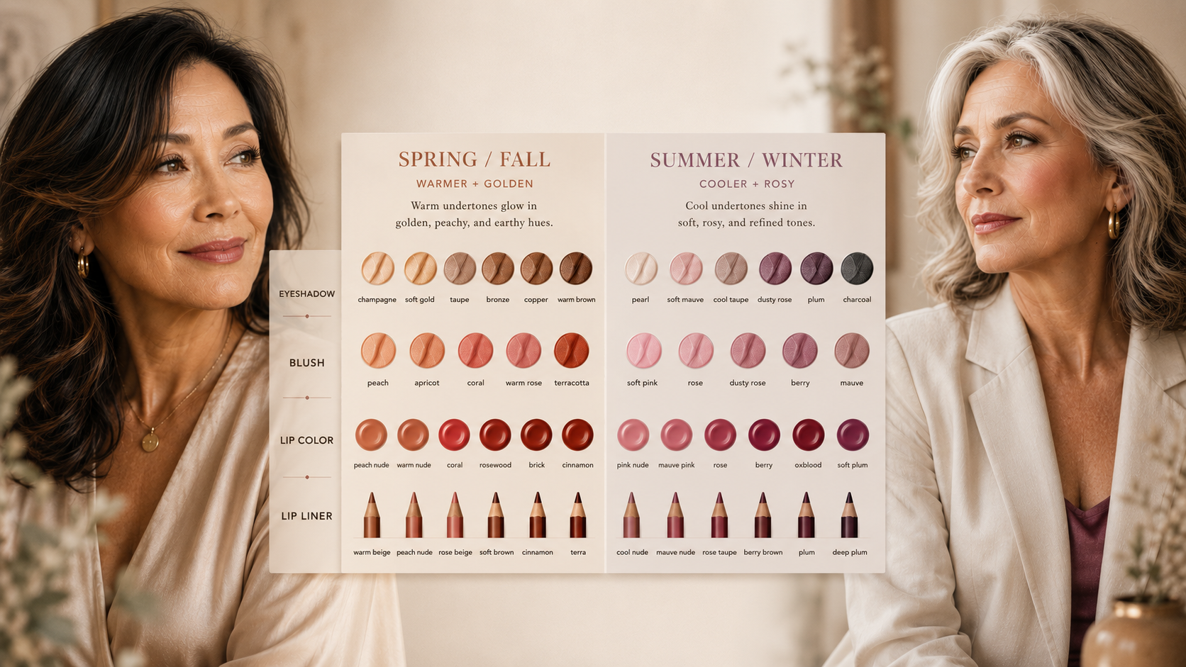 Luxury editorial beauty color guide for mature skin featuring warm Spring/Fall and cool Summer/Winter makeup palettes, elegant diverse women, refined seasonal color analysis, and sophisticated neutral styling.