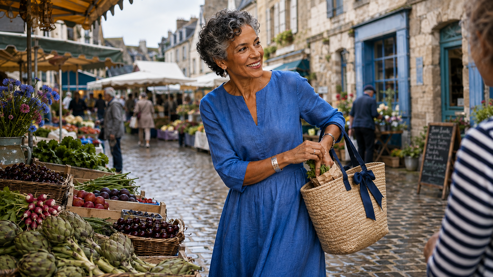 True Summer style comes to life at a Brittany market with Summer Blue, Deep Marine and silver accents, showing how cool, balanced color creates effortless elegance.