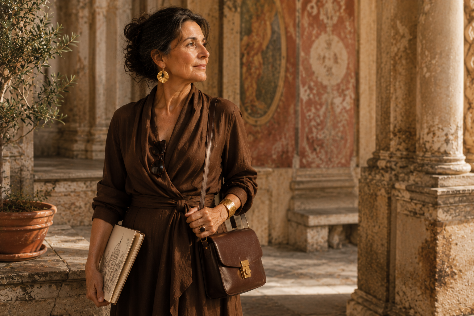 Elegant woman in a tobacco wrap dress with artisan leather handbag, burnished gold jewelry, and sketchbook standing in a Renaissance-style Florentine courtyard.