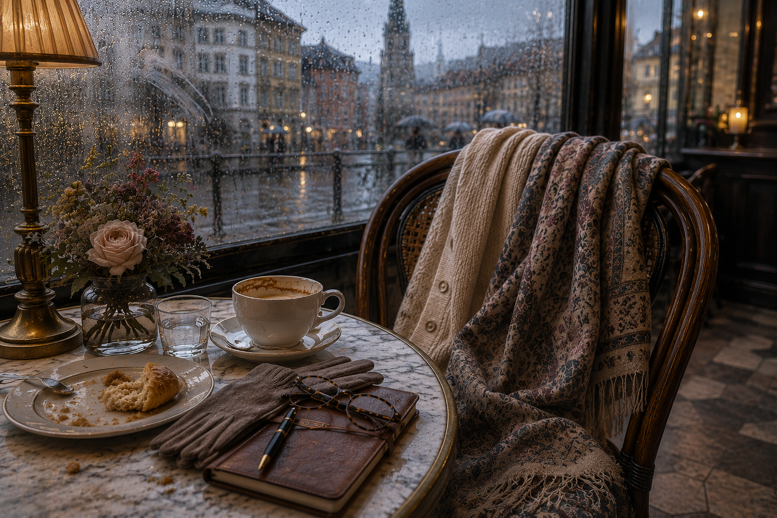Rainy Zurich café scene with a marble table, cappuccino, pastry crumbs, journal, gloves, knitwear, and patterned scarf beside fogged windows overlooking softly blurred European streets.