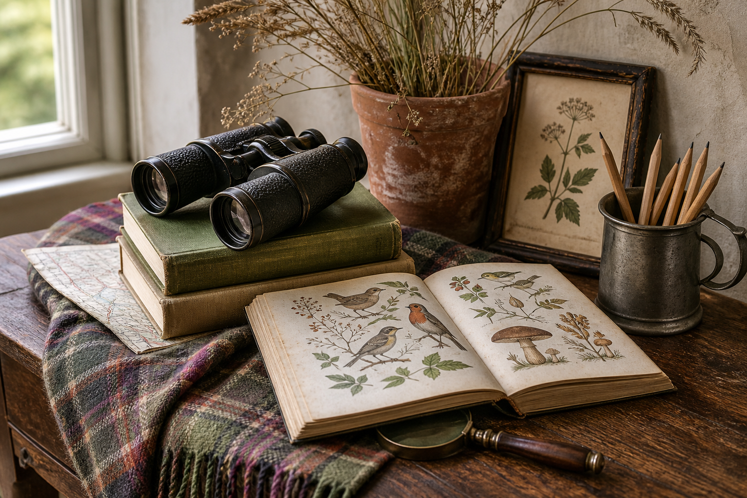 Recreate a layered autumn field-guide table with vintage binoculars, illustrated nature books, faded tartan, terracotta, pewter, and woodland keepsakes.