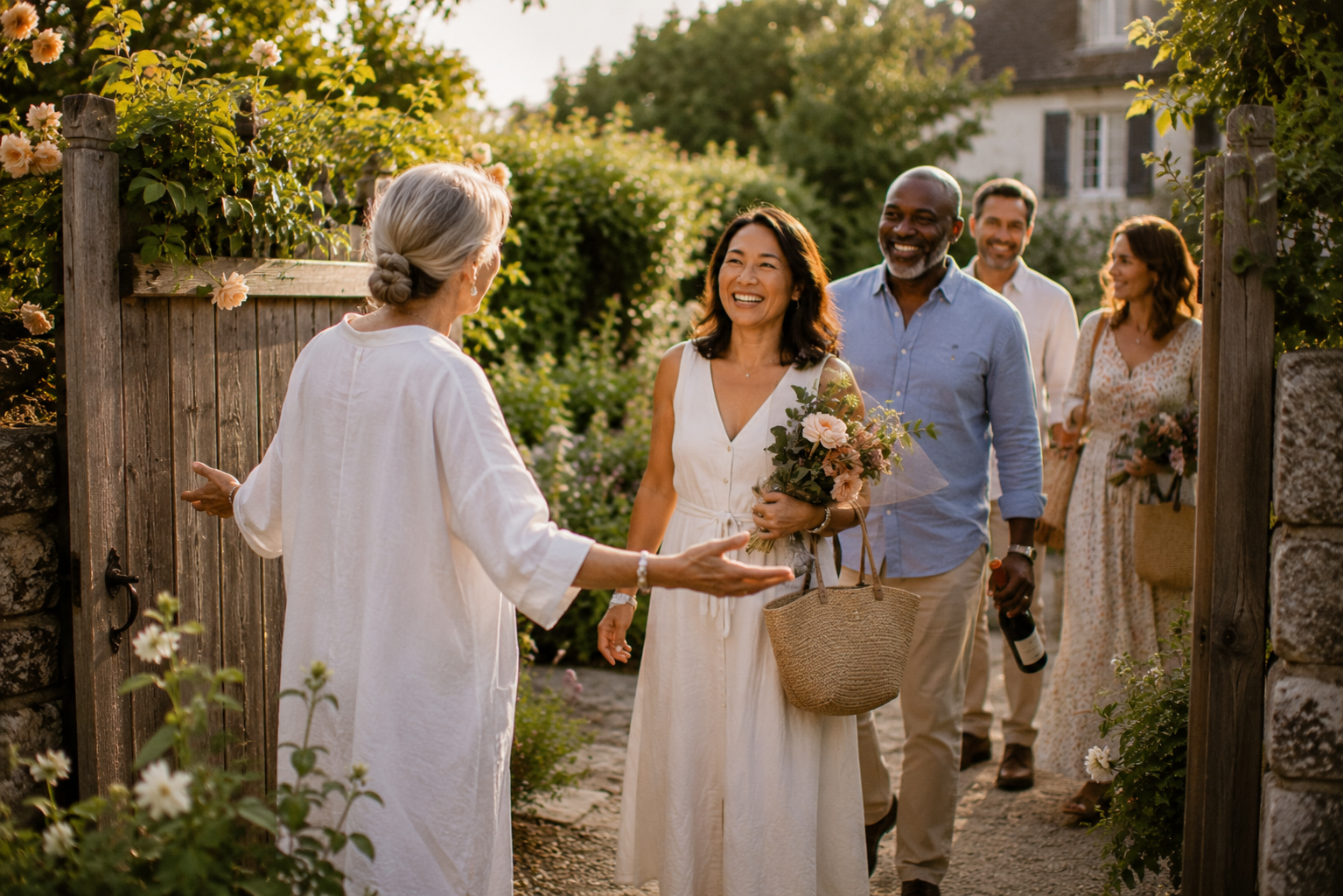 A woman welcomes arriving guests through a flower-filled garden gate as friends carrying summer blooms and wine gather for an outdoor evening celebration in warm golden light.