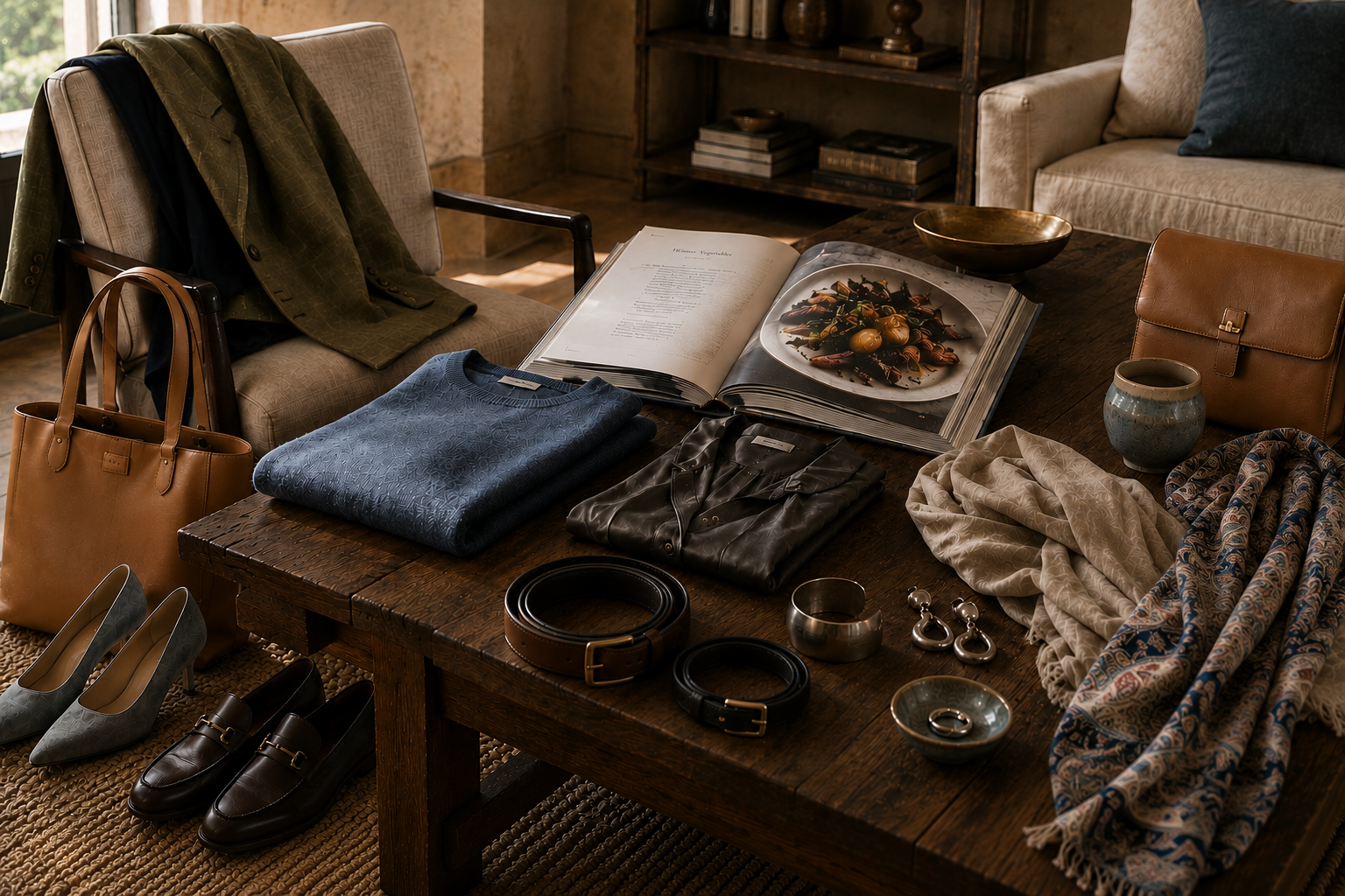 Editorial still life illustrating timeless style through harmony, proportion, scale, texture, and thoughtful relationships between wardrobe pieces, accessories, and natural materials.