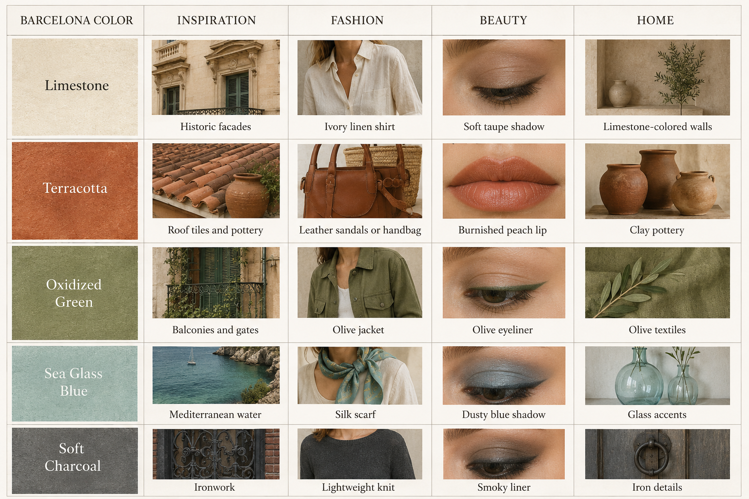 Barcelona-inspired color palette guide featuring limestone, terracotta, oxidized green, sea glass blue, and soft charcoal with examples for fashion, beauty, home decor, and architectural inspiration.