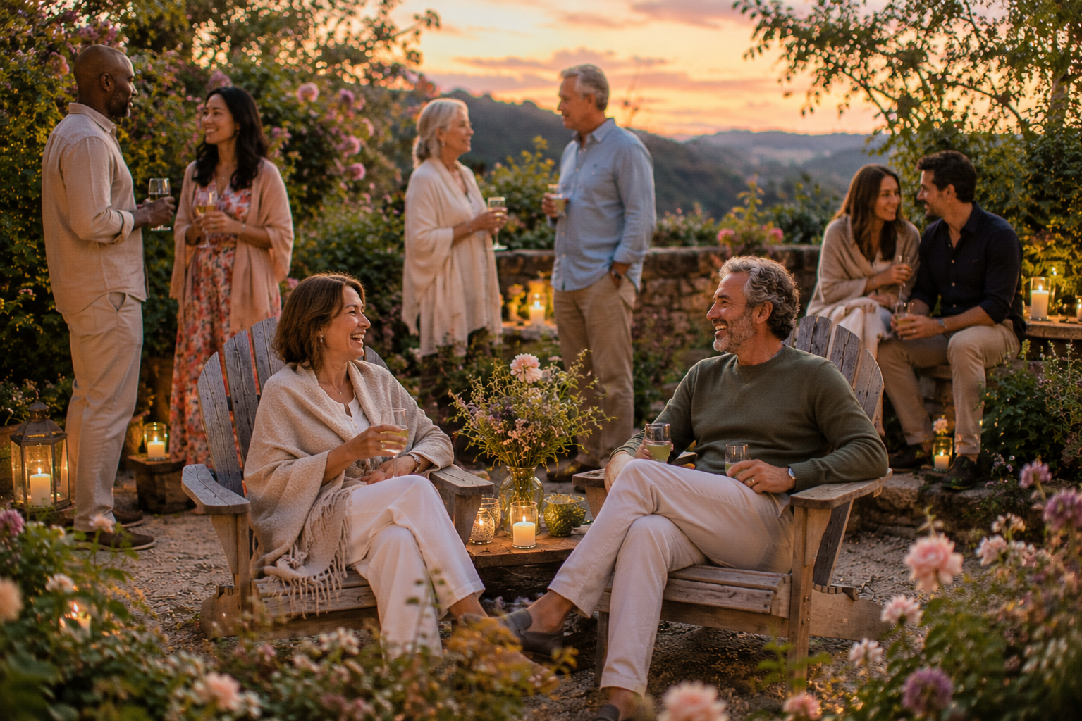 Diverse friends ages 40–65 relax in a flower-filled garden after sunset, gathered in Adirondack chairs and small conversation groups as candlelight glows and the evening lingers.
