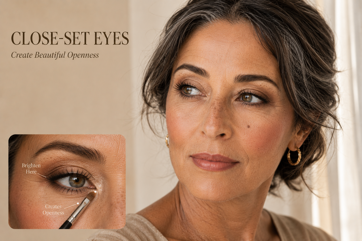 Luxury beauty tutorial for mature close-set eyes demonstrating inner-corner highlighting and outer-corner depth to create a more open, balanced appearance with elegant, natural definition.