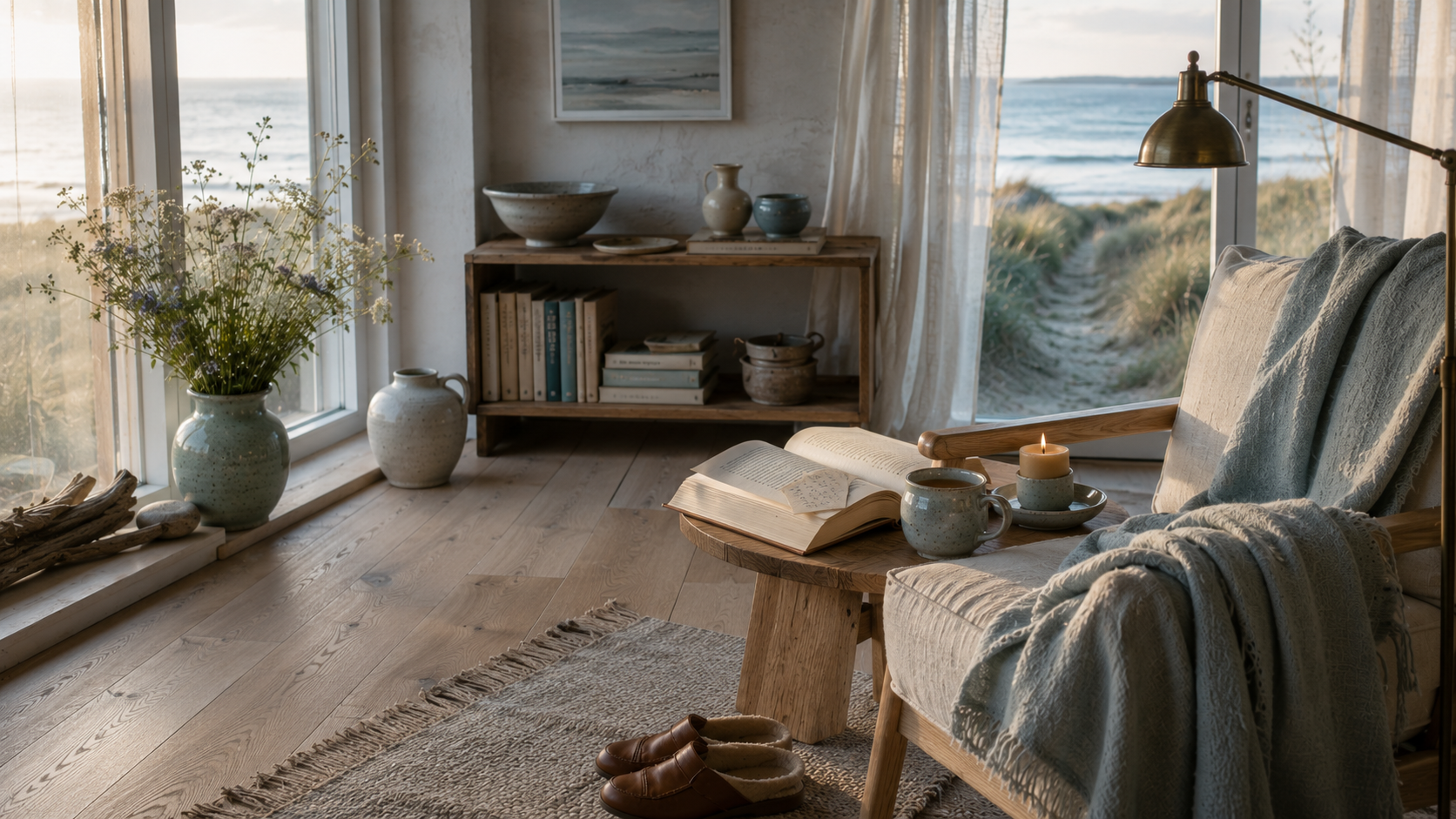 Luxury editorial Danish coastal living room with handmade ceramics, beeswax candle, herbal tea, coastal botanicals, and Nordic light celebrating the lasting atmosphere of a thoughtfully lived home.