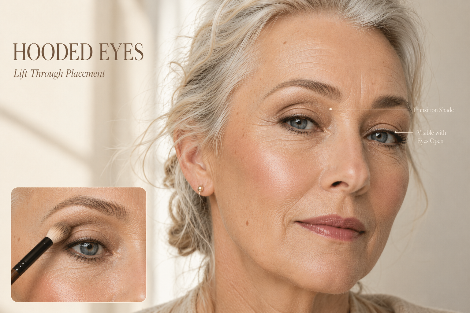 Luxury beauty tutorial demonstrating eyeshadow placement for hooded mature eyes, showing how blending the transition shade above the crease creates visible lift when the eyes are open.