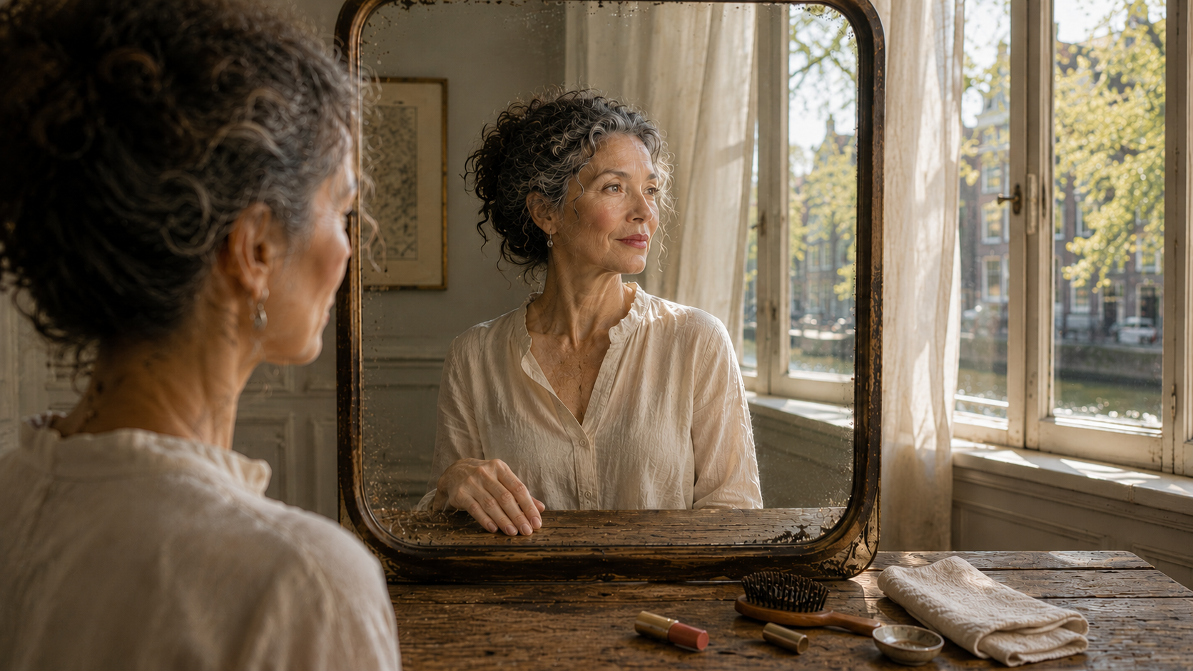 Mature woman reflected in an antique mirror inside an Amsterdam canal house, with soft morning light, natural makeup, weathered oak, linen curtains, and canal views beyond the open window.