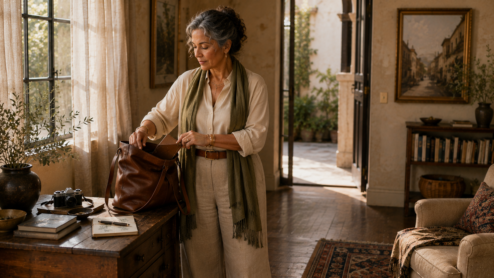 Elegant Hispanic woman in a timeless outfit gathering her travel bag in a warm European-inspired home, illustrating how authentic personal style reflects identity, daily life, and lived experiences.