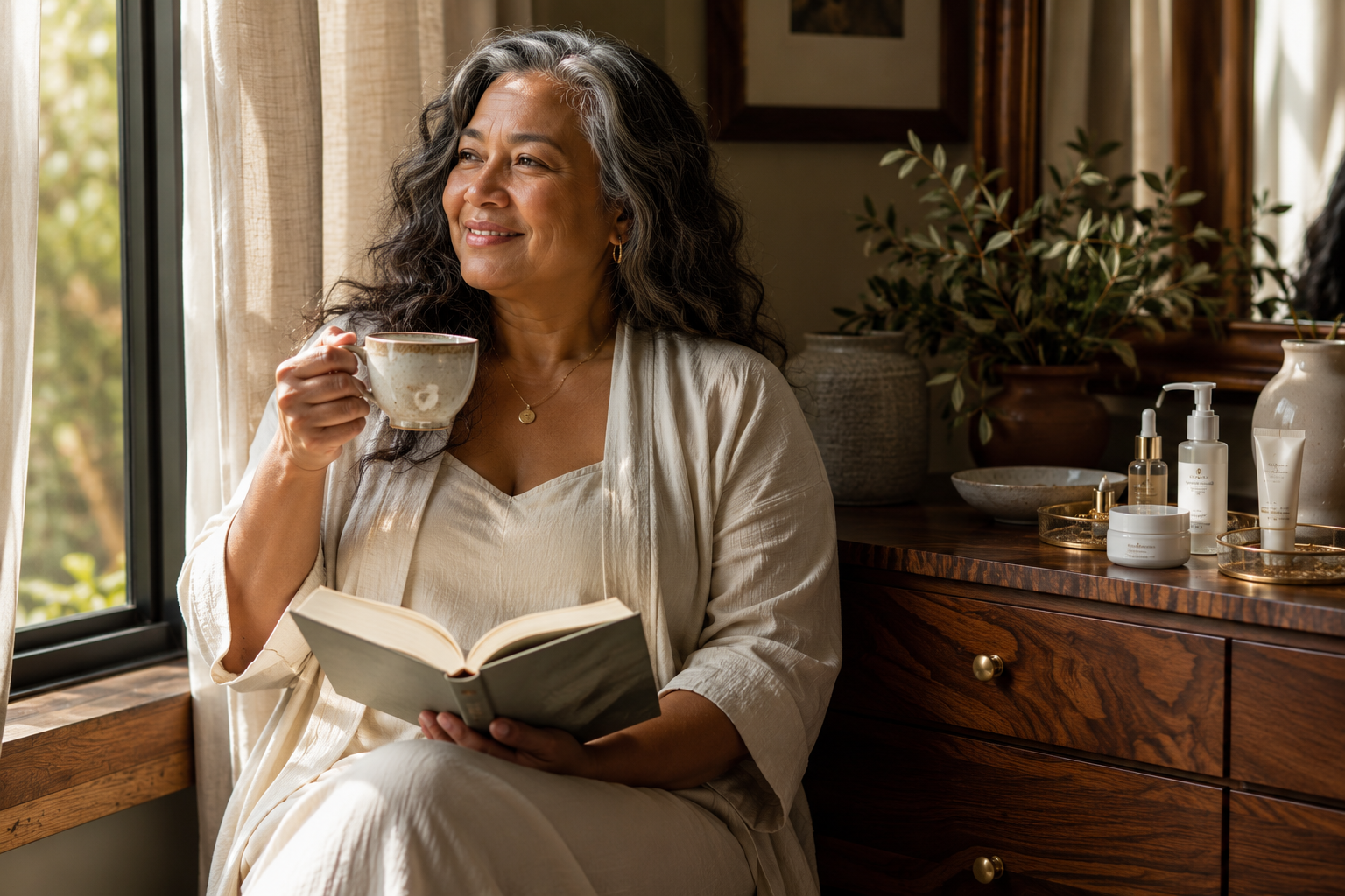 Pacific Island woman enjoys a quiet morning with tea after her skincare routine. A Beauty Masterclass editorial celebrating menopausal skincare, self-care, and confident aging.