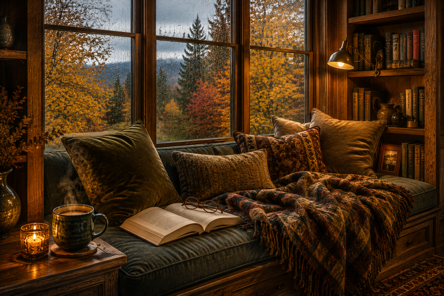 A cozy autumn reading nook with rain-speckled windows, golden fall foliage, warm lamplight, books, a wool blanket, candlelight and steaming tea.