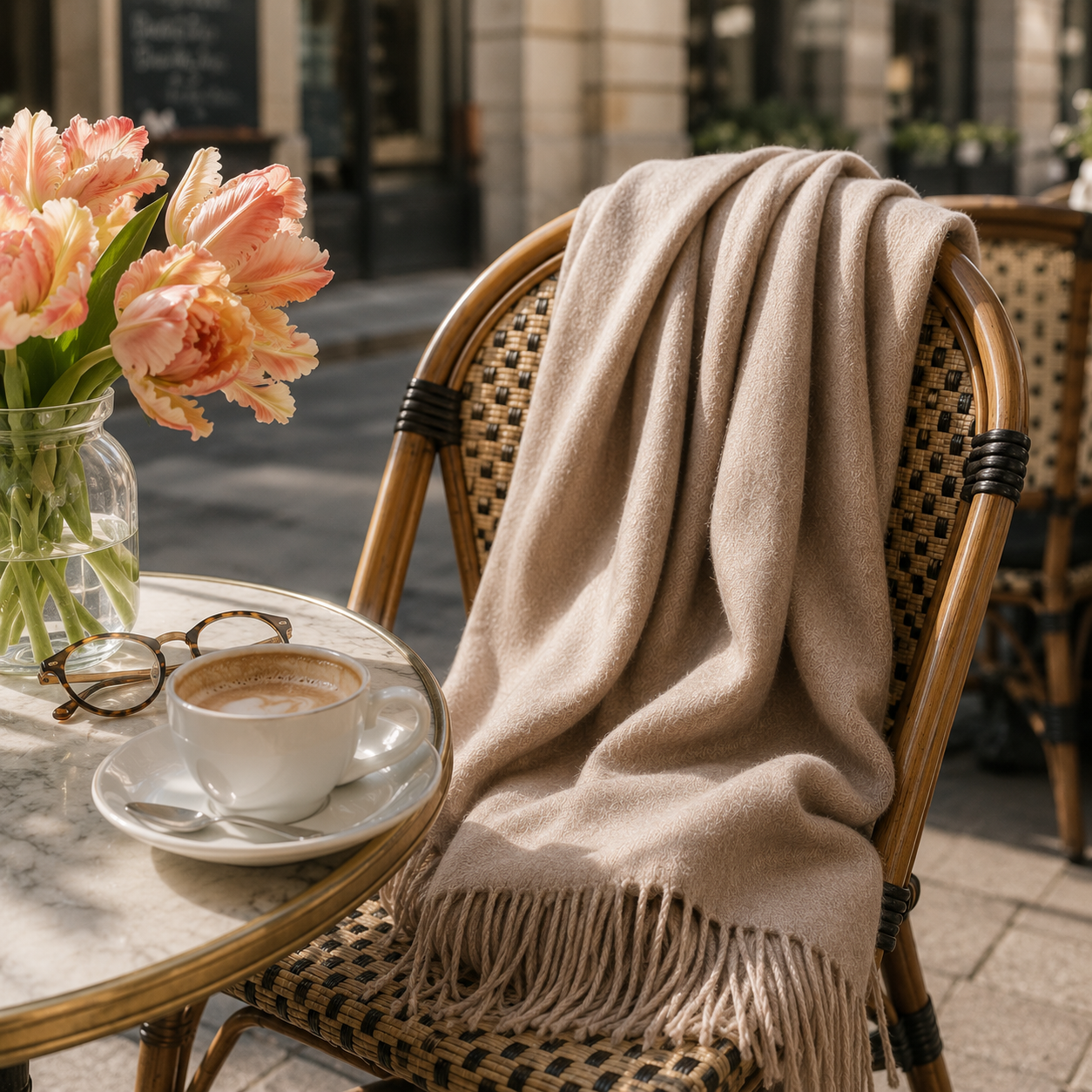 Cashmere travel wrap draped over a woven café chair beside a cappuccino and peach parrot tulips on a Paris terrace, illustrating elegant travel comfort and timeless European style.