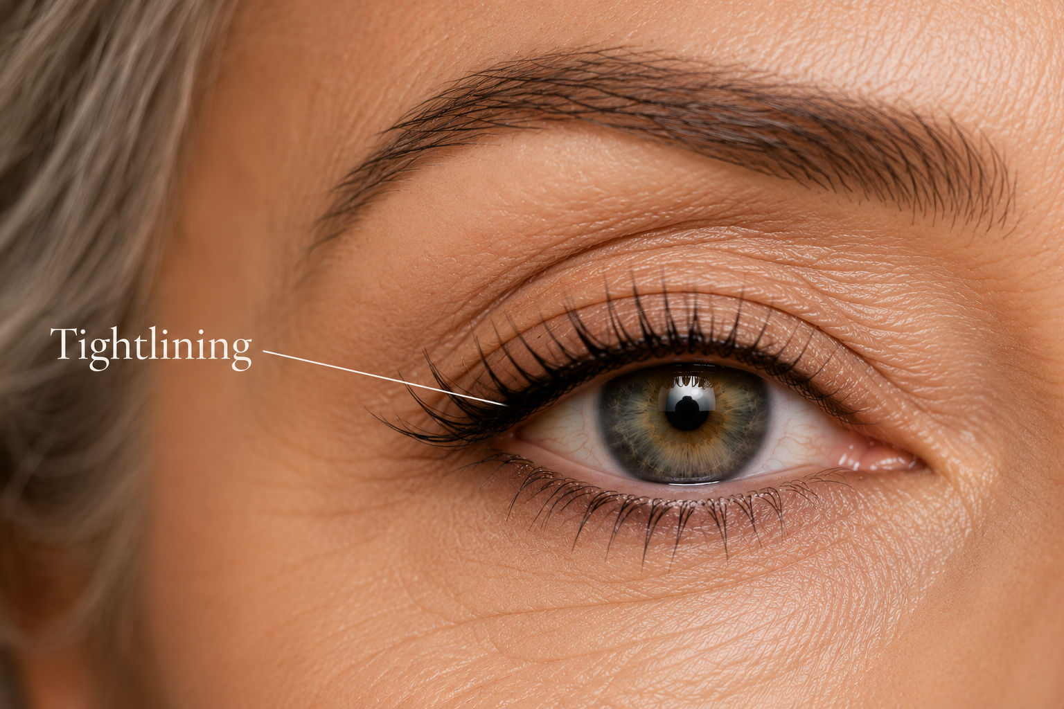 Close-up of a mature woman's eye showing subtle tightlining along the upper lash line, creating fuller-looking lashes and soft definition while maintaining a bright, natural appearance.