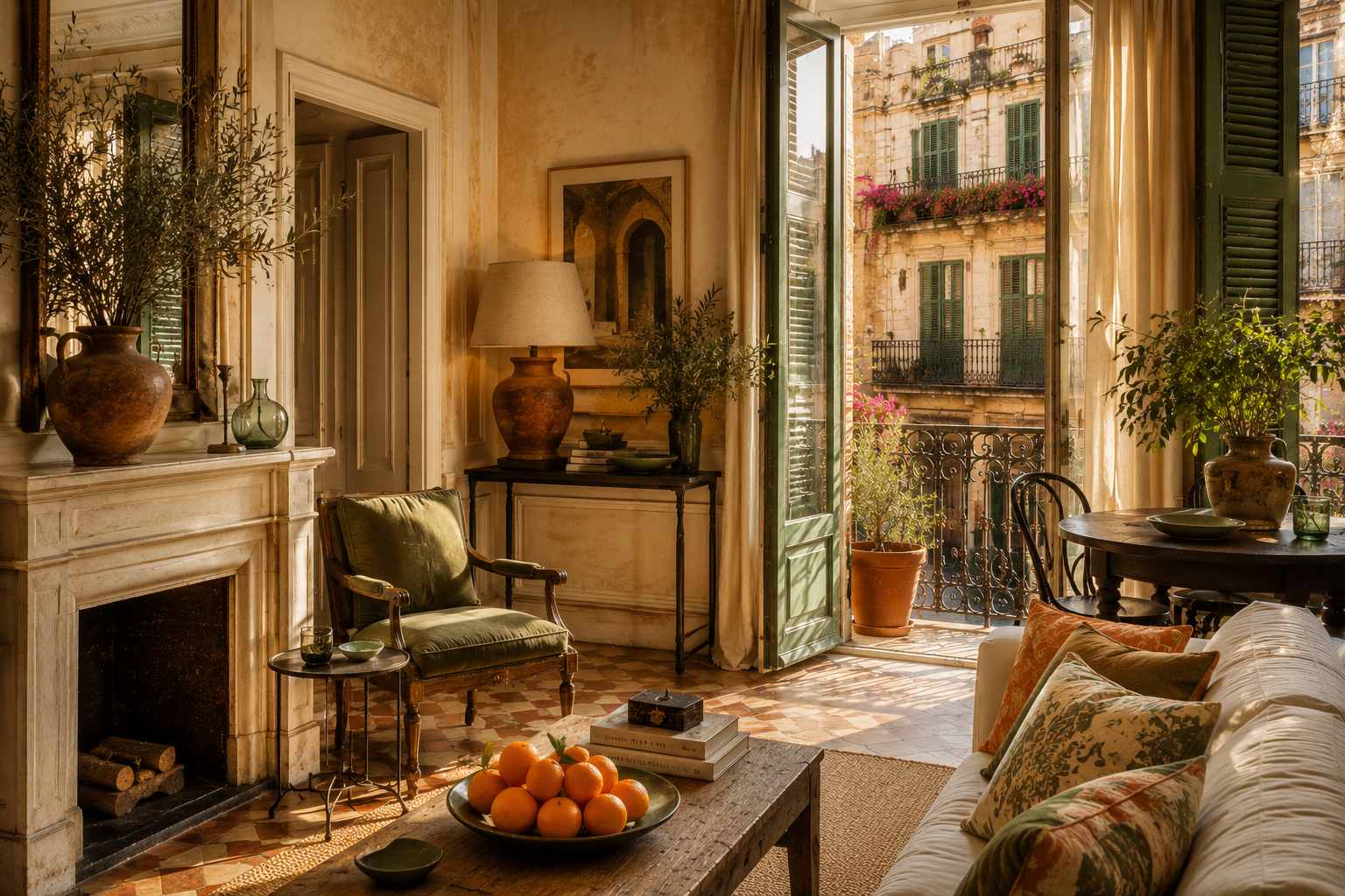 Sunlit European apartment inspired by Barcelona featuring limestone walls, terracotta pottery, Valencia oranges, olive textiles, sea-glass accents, aged wood furniture, and black iron details.