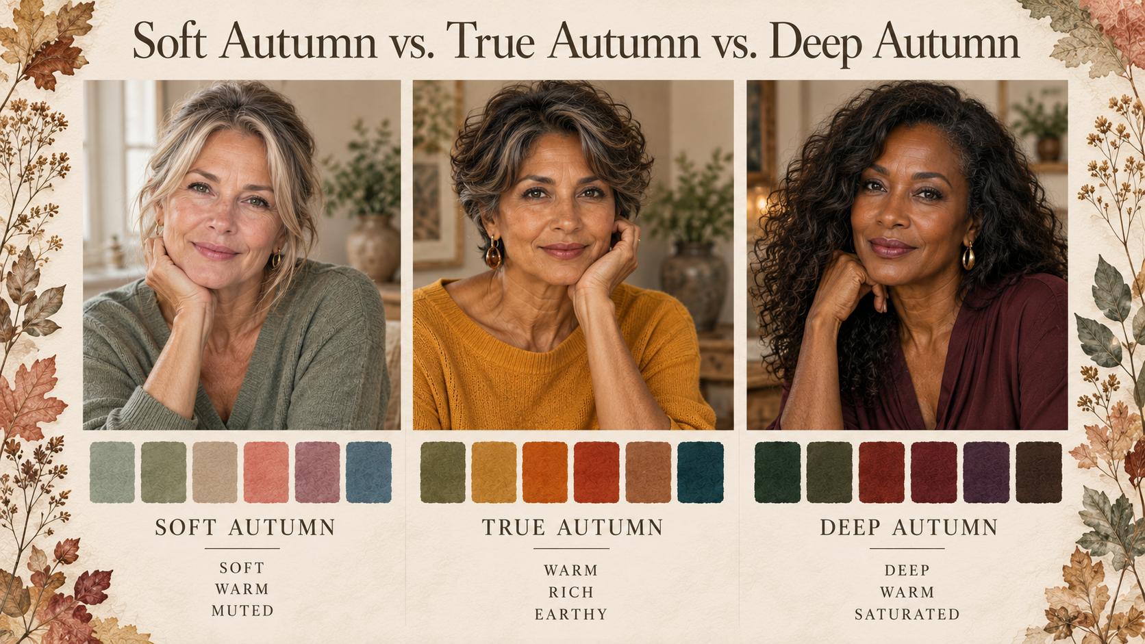 Compare Soft, True and Deep Autumn color analysis palettes to see how muted warmth, rich warmth and deeper saturation distinguish the three Autumn seasons.