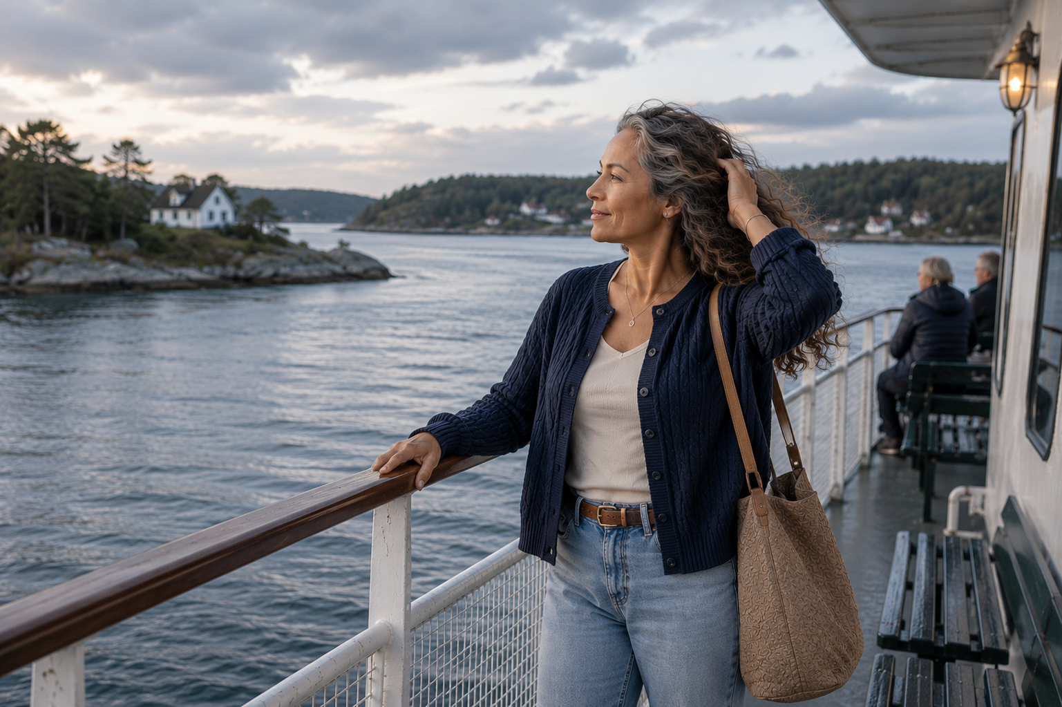 Woman in a Light Summer navy cardigan and light-wash jeans stands on a Scandinavian ferry, gently holding back her windblown hair while enjoying the cool coastal scenery and peaceful Nordic evening light.
