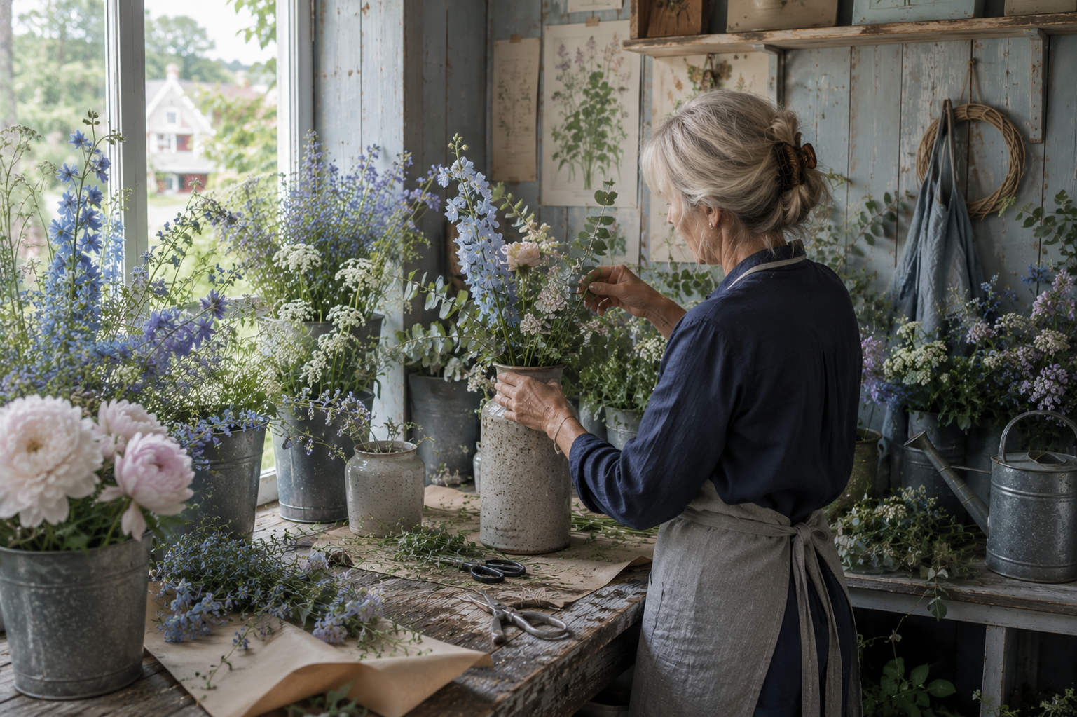 A Scandinavian florist arranges fresh Midsummer flowers in a sunlit studio, showcasing the soft blues, lavender, blush, and silvery greens of the Light Summer seasonal color palette.