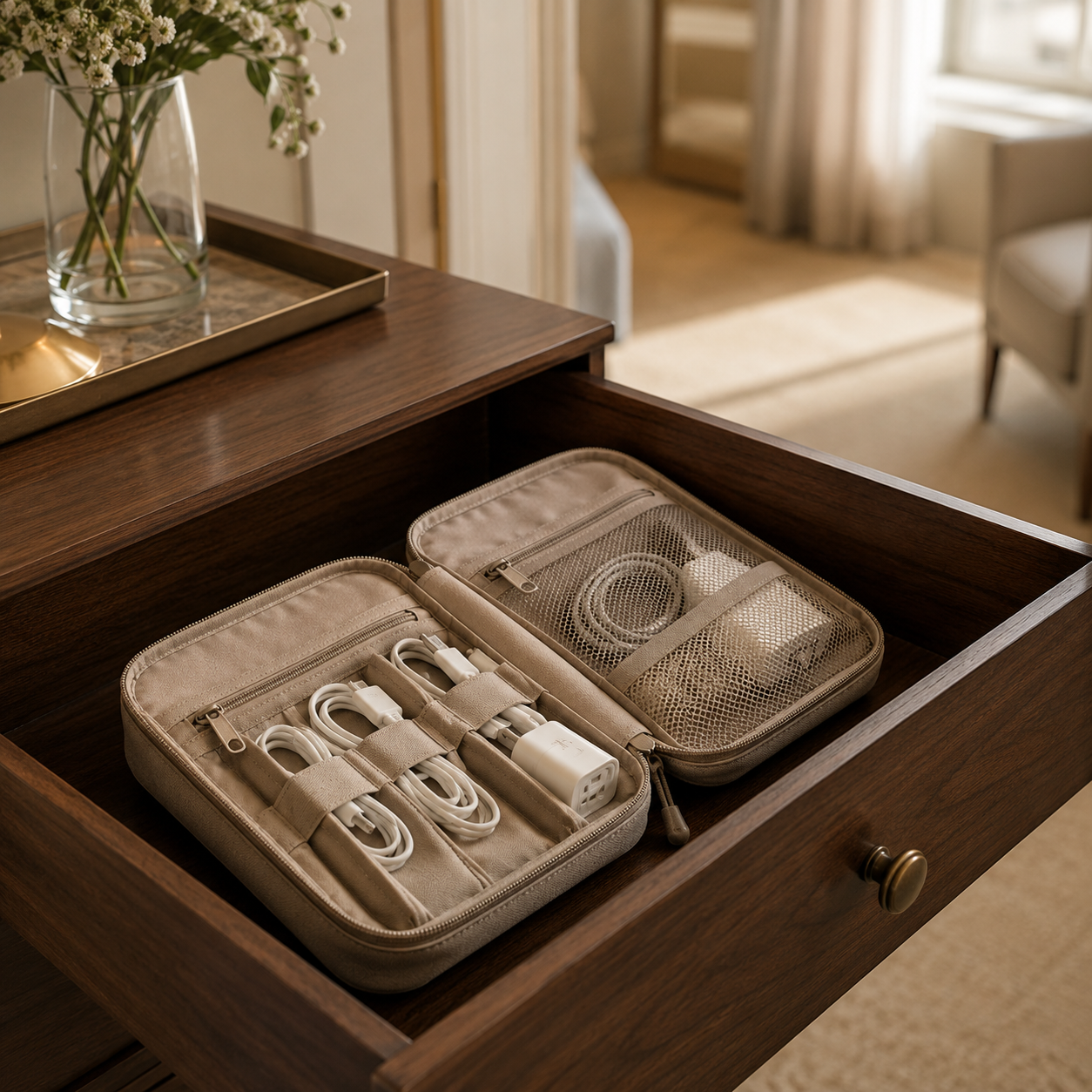 Travel cord organizer neatly arranged inside an open hotel dresser drawer, showcasing organized charging cables and adapters for efficient, stress-free travel.