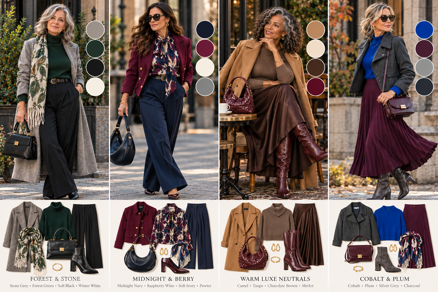 Four elegant fall/winter capsule wardrobe palettes for women over 45: Forest & Stone, Midnight & Berry, Warm Luxe Neutrals, and Cobalt & Plum, featuring styled outfits and coordinating pieces.