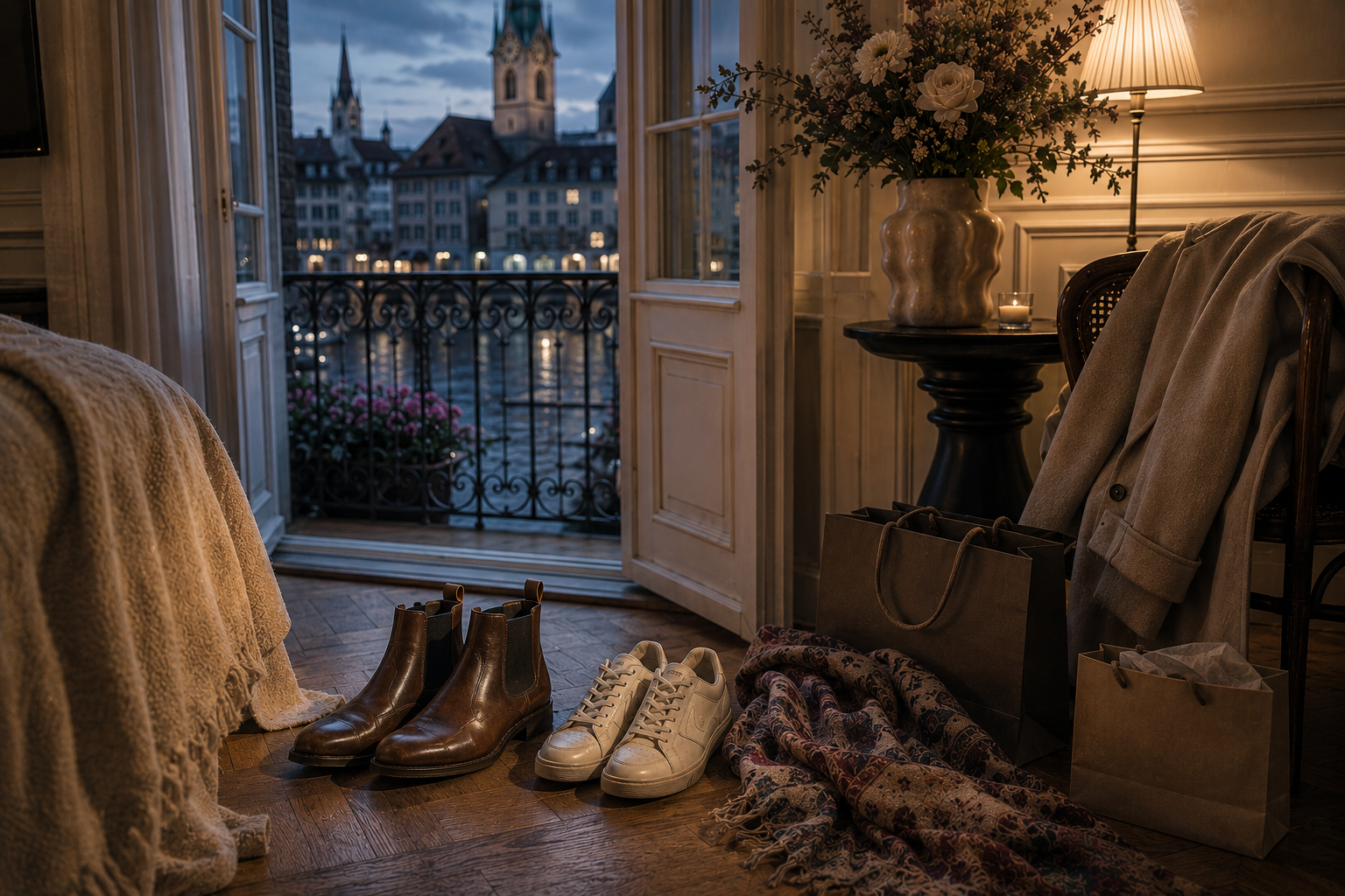 Chelsea boots and refined white sneakers beside a softly lit Zurich boutique hotel balcony, with shopping bags, draped scarf, flowers, and evening city views after a day of walking.